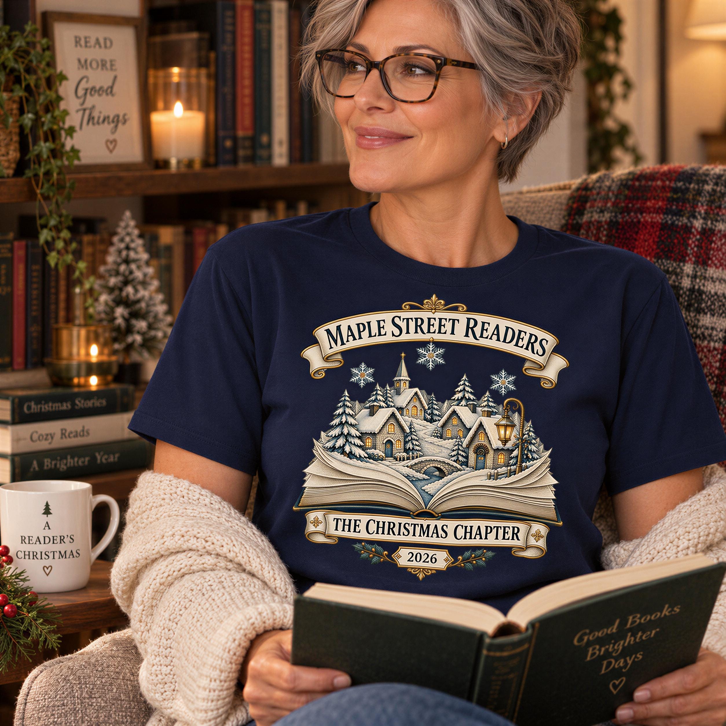 A woman is sitting in a chair, reading a book titled "The Christmas Chapter" by Maple Street Readers. She is wearing a blue t-shirt with a winter village scene and the year "2026" on it. The scene is surrounded by bookshelves filled with books, and there are candles and a mug on the table in front of her.