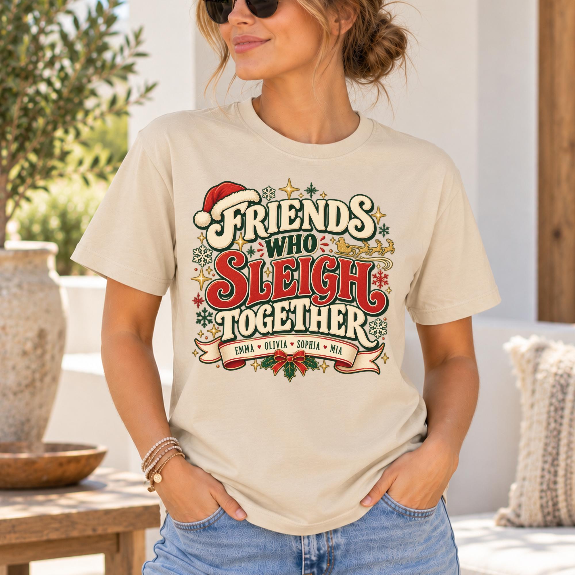 A woman wearing a t-shirt with a festive design, smiling and posing outdoors.