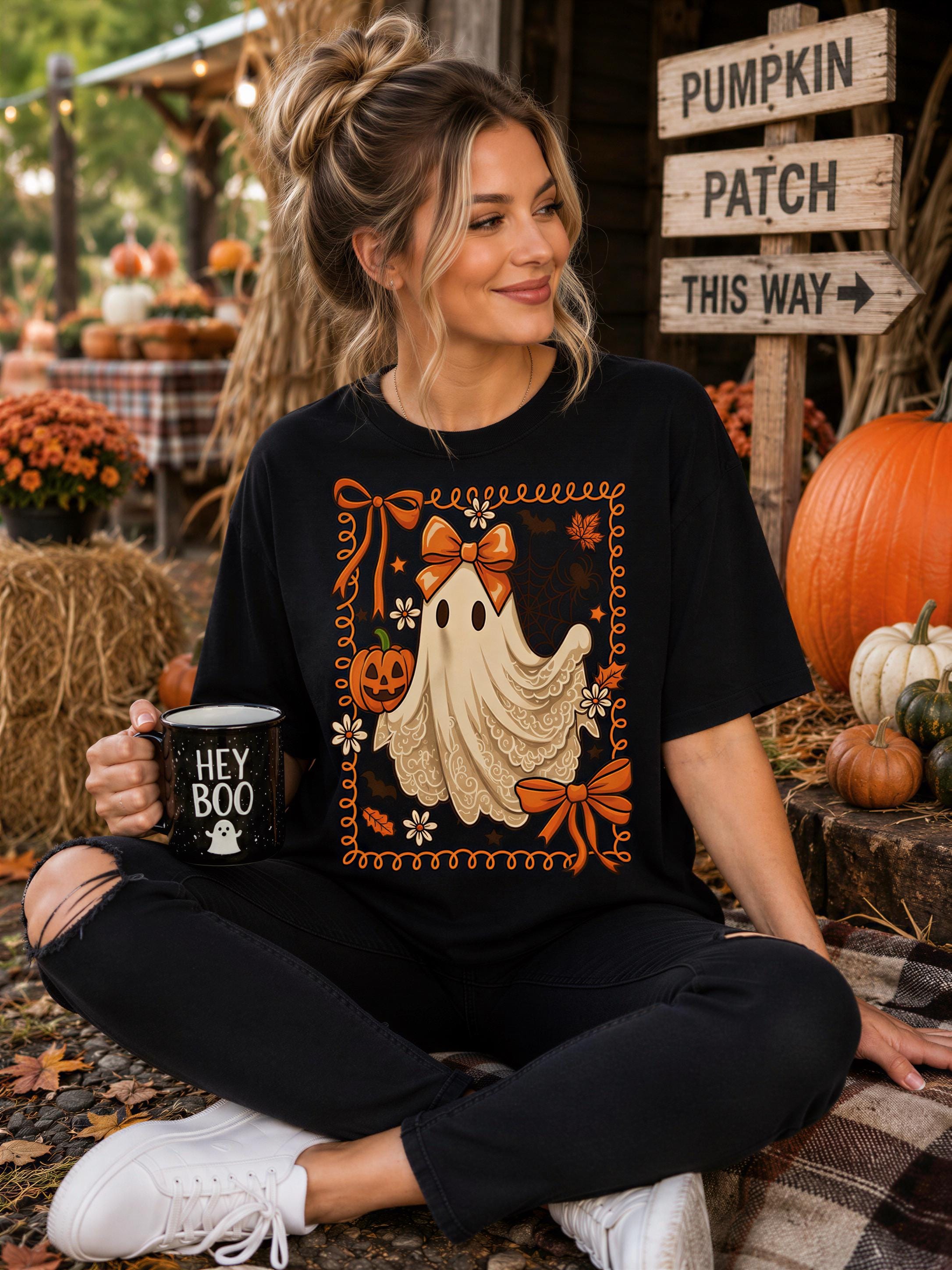 A woman is sitting on the ground, wearing a black t-shirt with a graphic of a ghost and holding a mug with the text "HEY BOO". She is surrounded by Halloween decorations, including pumpkins and a sign that says "PUMPKIN PATCH THIS WAY".