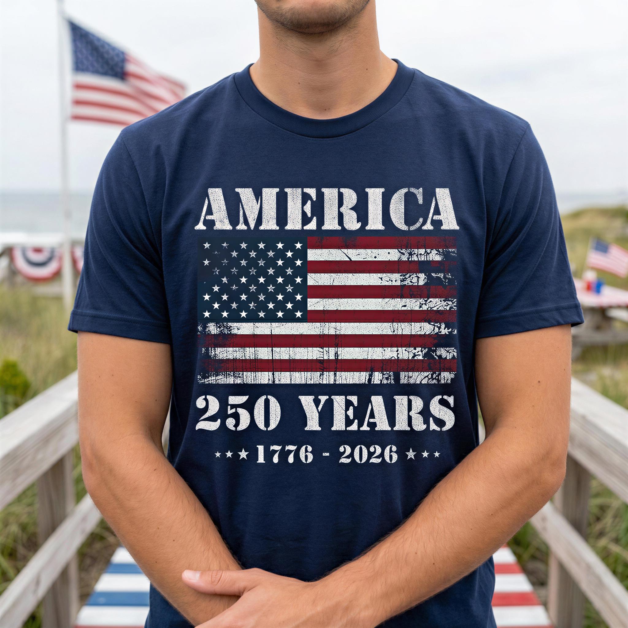 A man wearing a navy blue t-shirt with the text "AMERICA 250 YEARS 1776-2026" printed on it.