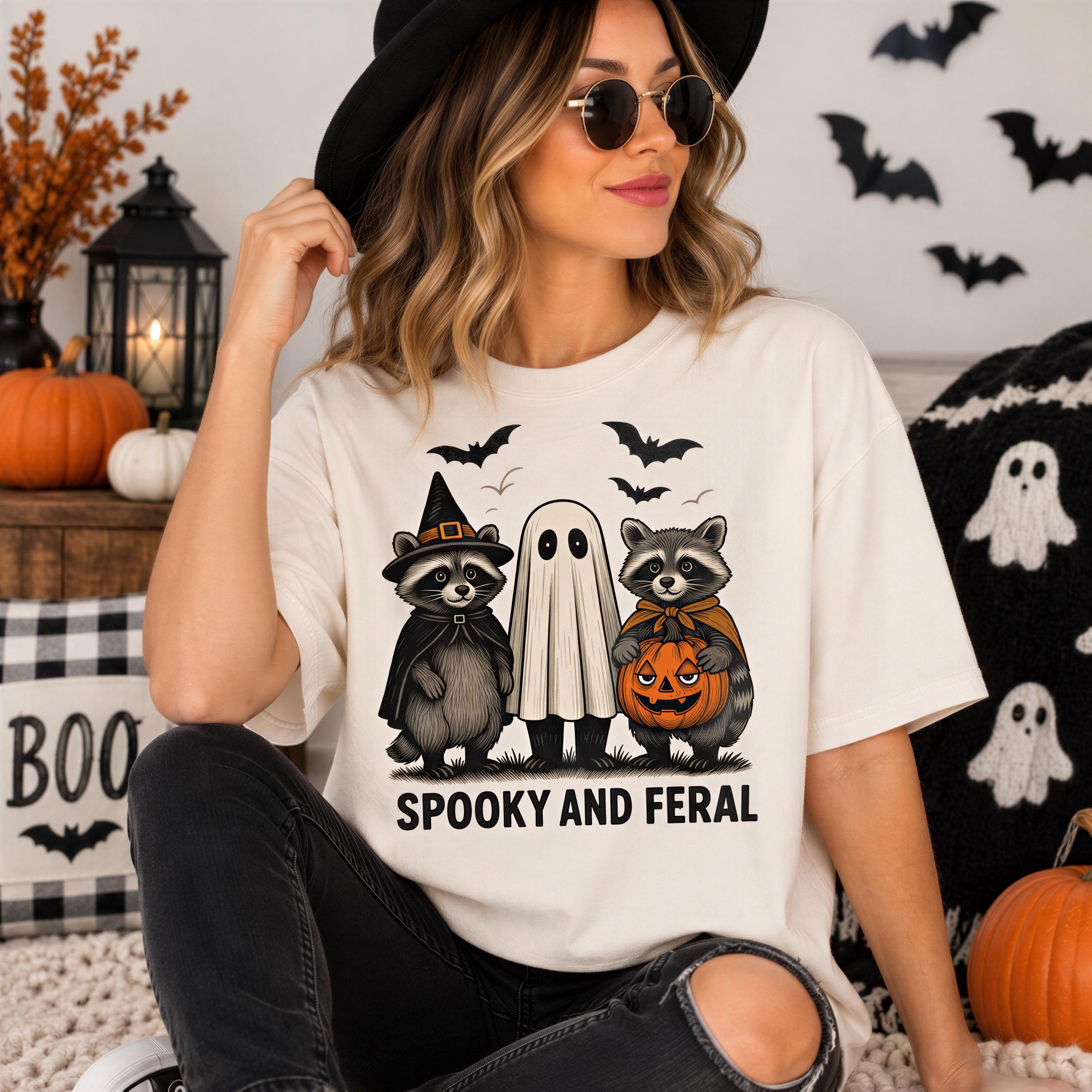 A woman wearing a white t-shirt with a graphic of three Halloween-themed characters, including a ghost, a raccoon, and a pumpkin, along with the text "Spooky and Feral". She is sitting on a rug with Halloween decorations, including a lantern, pumpkins, and bats.