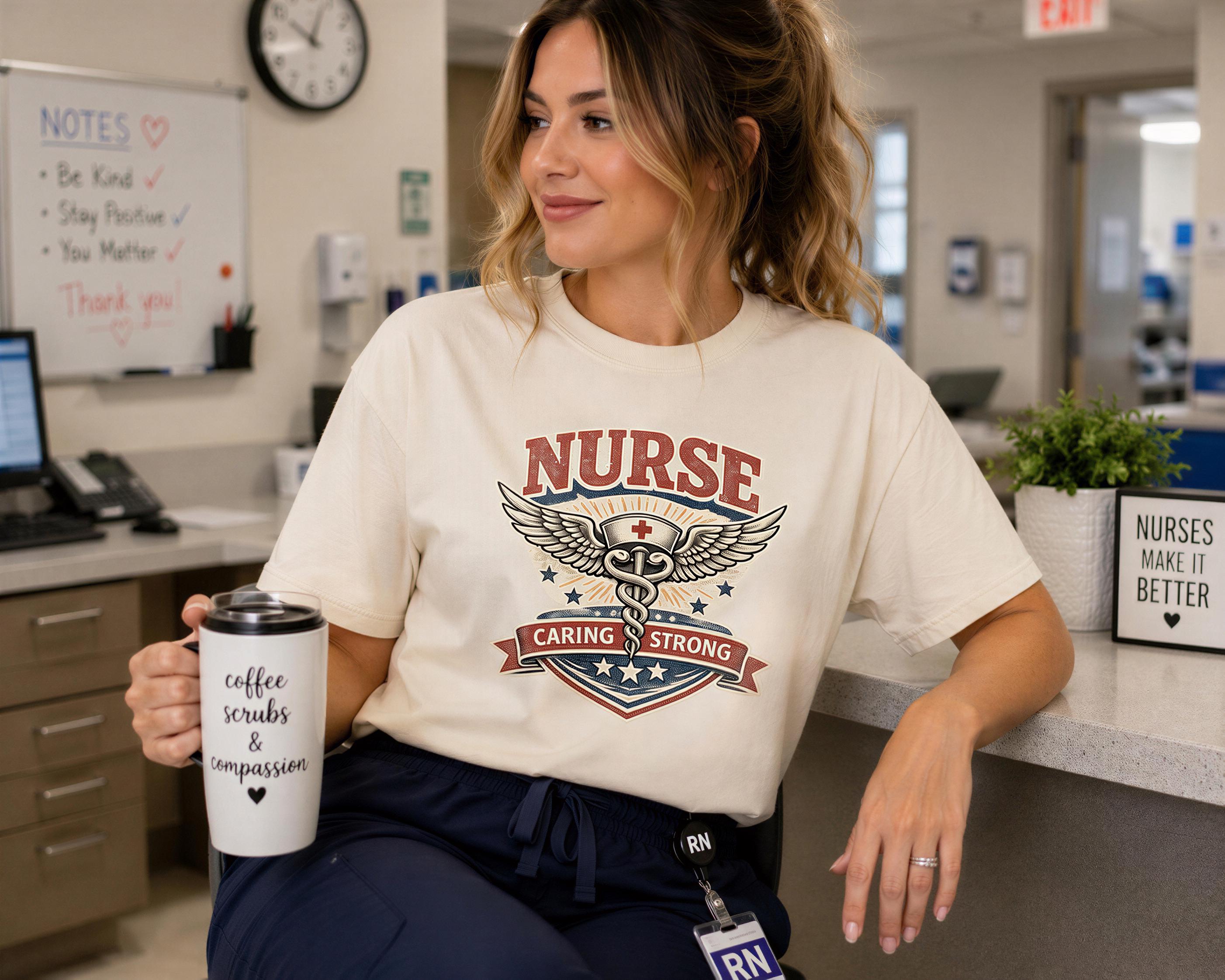 A woman wearing a white t-shirt with a nurse logo is sitting at a counter, holding a coffee scrubber and a cup with the text "caffe scrubs & compassion".