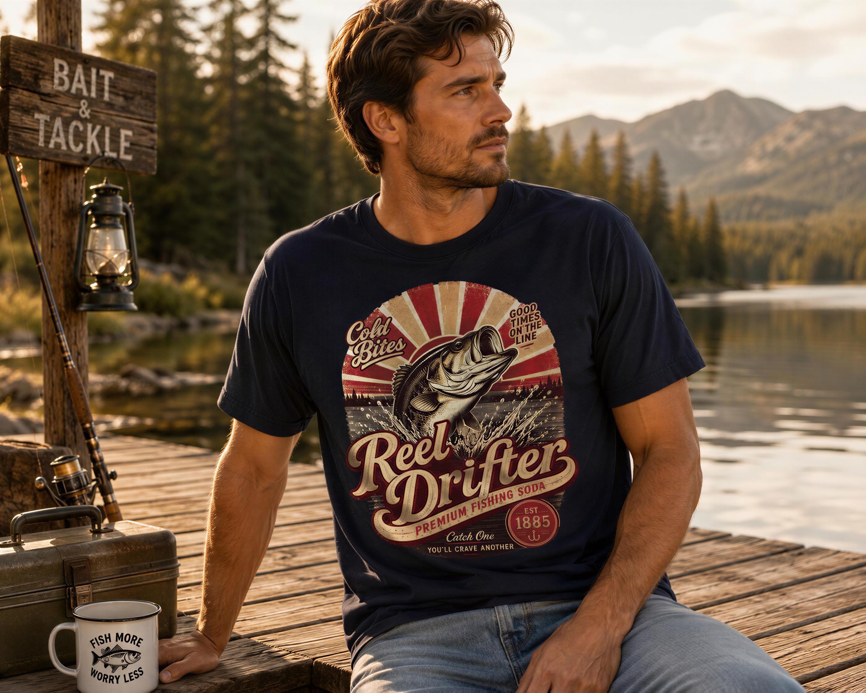 A man wearing a t-shirt with a fishing graphic sits on a dock overlooking a lake, with a sign for "Bait & Tackle" and a lantern nearby.