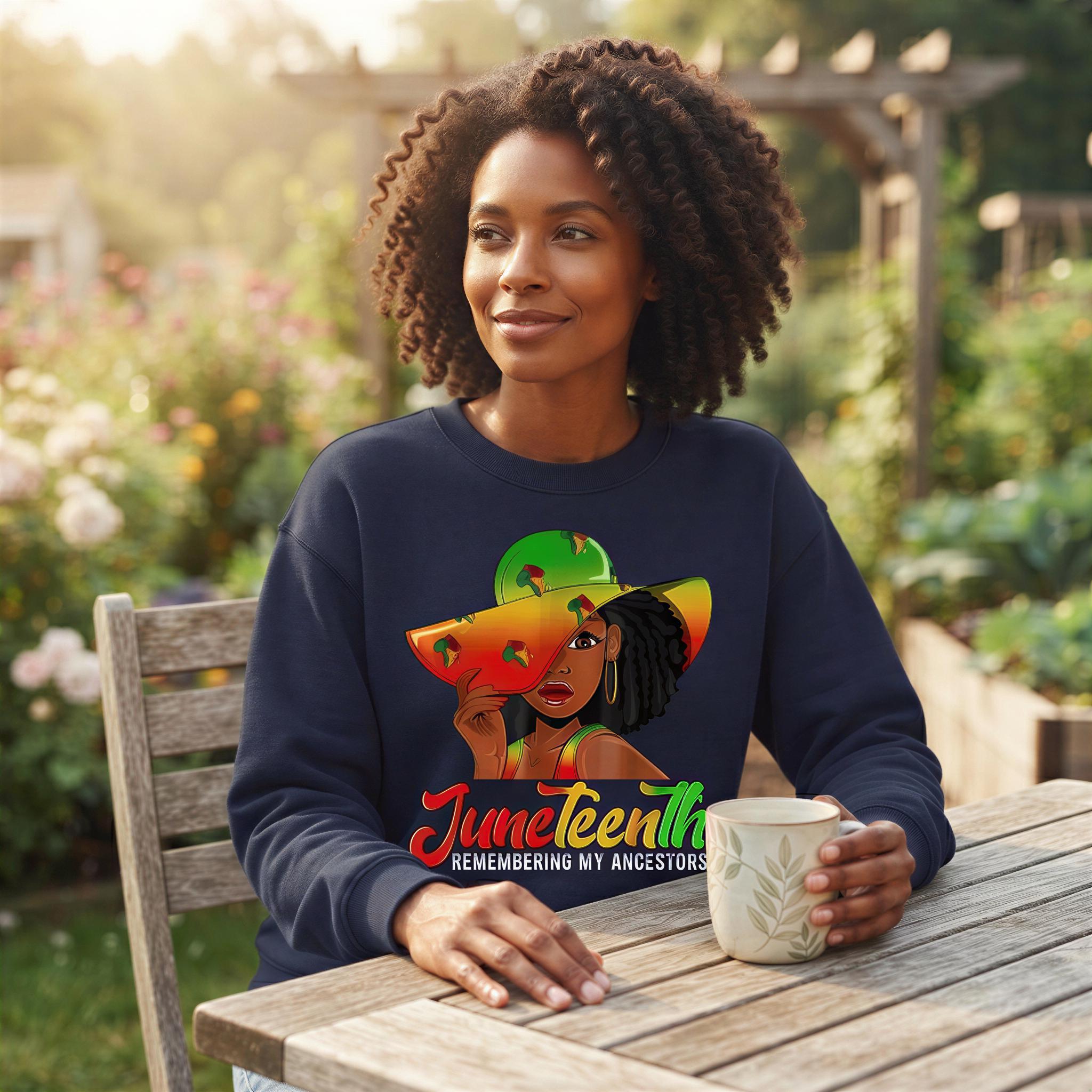 A woman with curly hair is sitting at a wooden table, wearing a blue sweatshirt with a colorful graphic and text. She is holding a coffee mug and smiling.