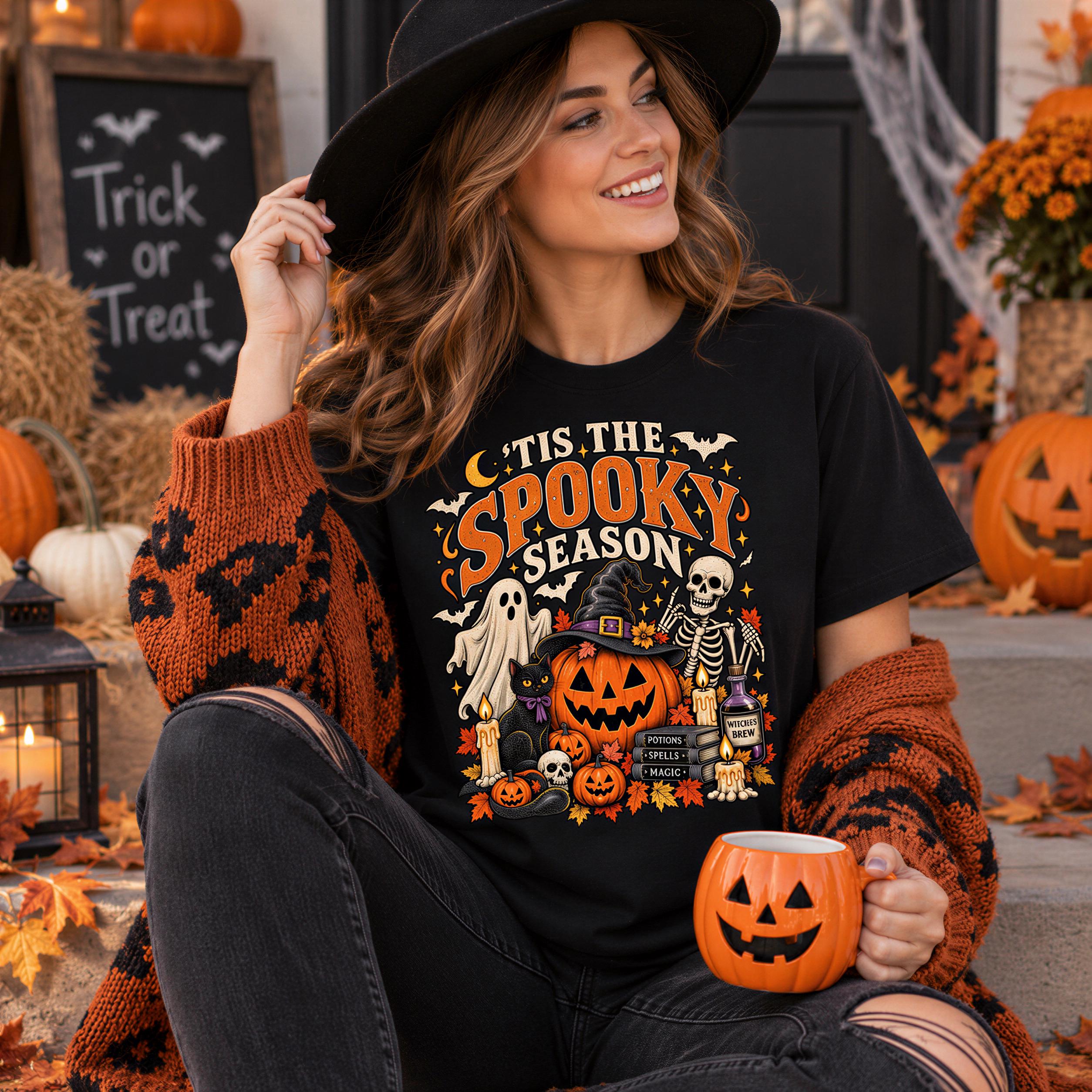 A woman wearing a black hat and a black t-shirt with a Halloween-themed design is sitting on steps, holding a mug with a jack-o-lantern on it.
