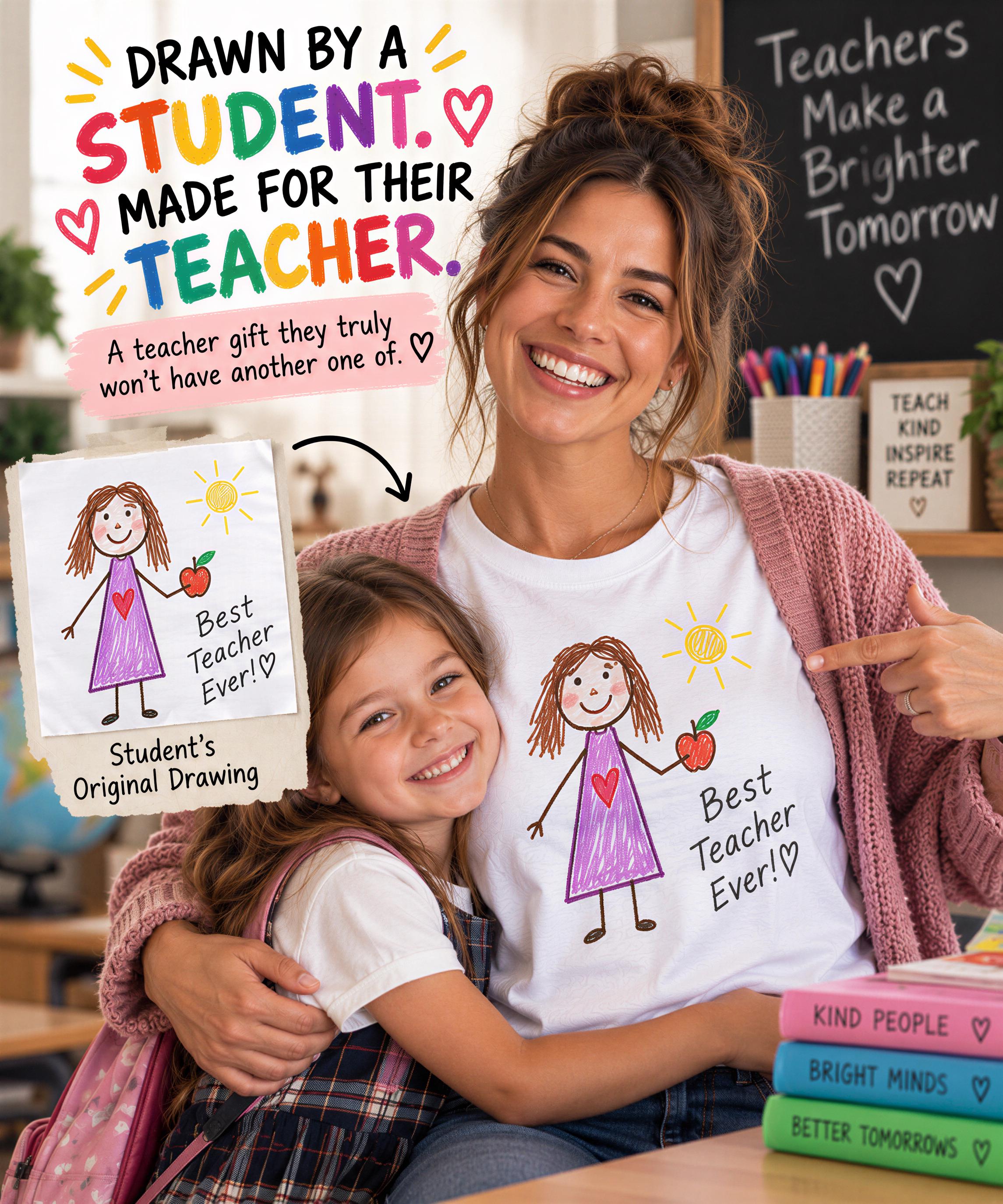 A smiling woman wearing a white t-shirt with a drawing of a girl holding an apple and the text "Best Teacher Ever!" is hugging a young girl. The woman is pointing to the drawing, and there is a chalkboard in the background with the text "Teachers Make a Brighter Tomorrow" written on it.