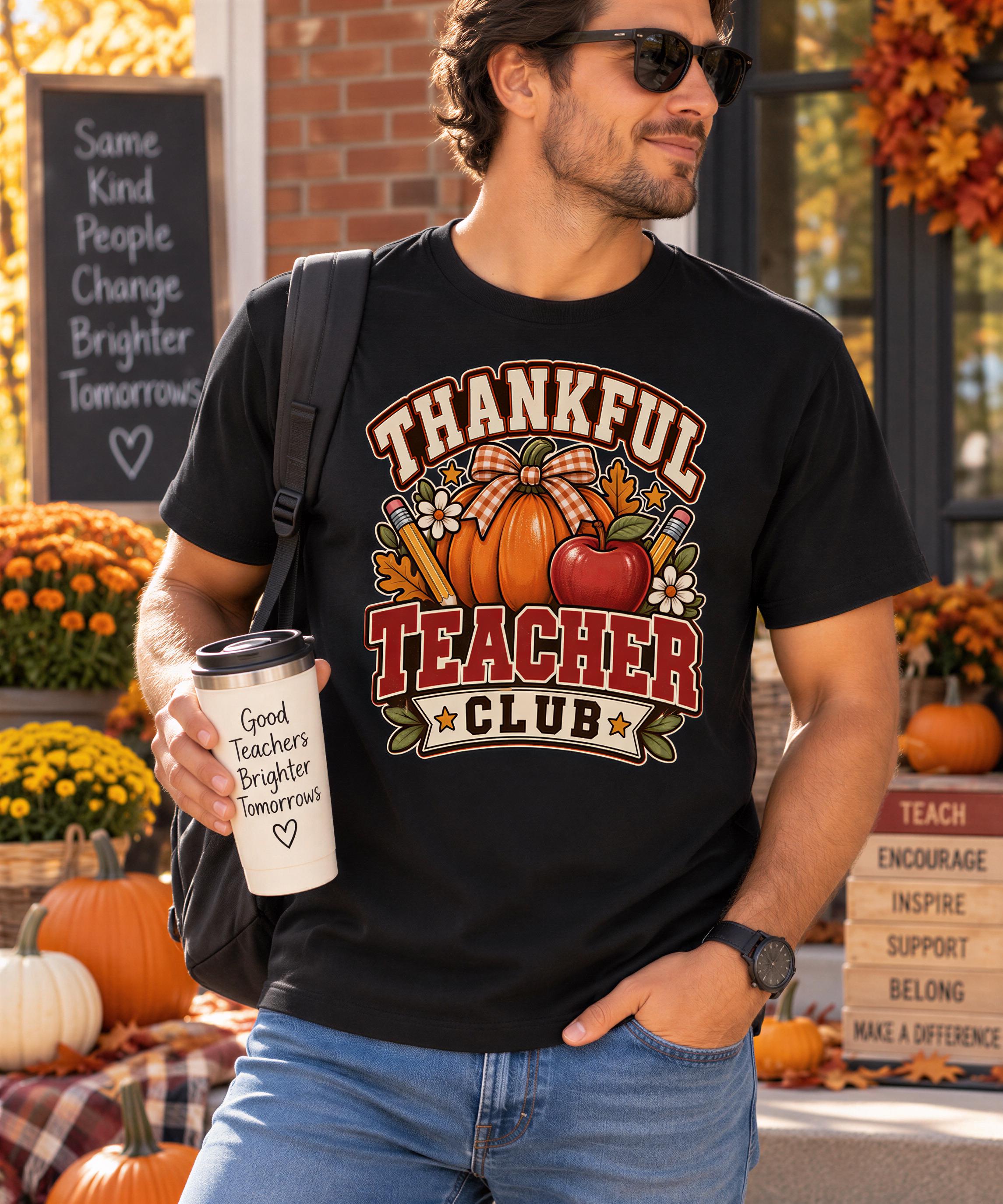 A man wearing a black t-shirt with a graphic design and holding a coffee cup stands in front of a chalkboard sign that says "Same Kind People Change Brighter Tomorrow".
