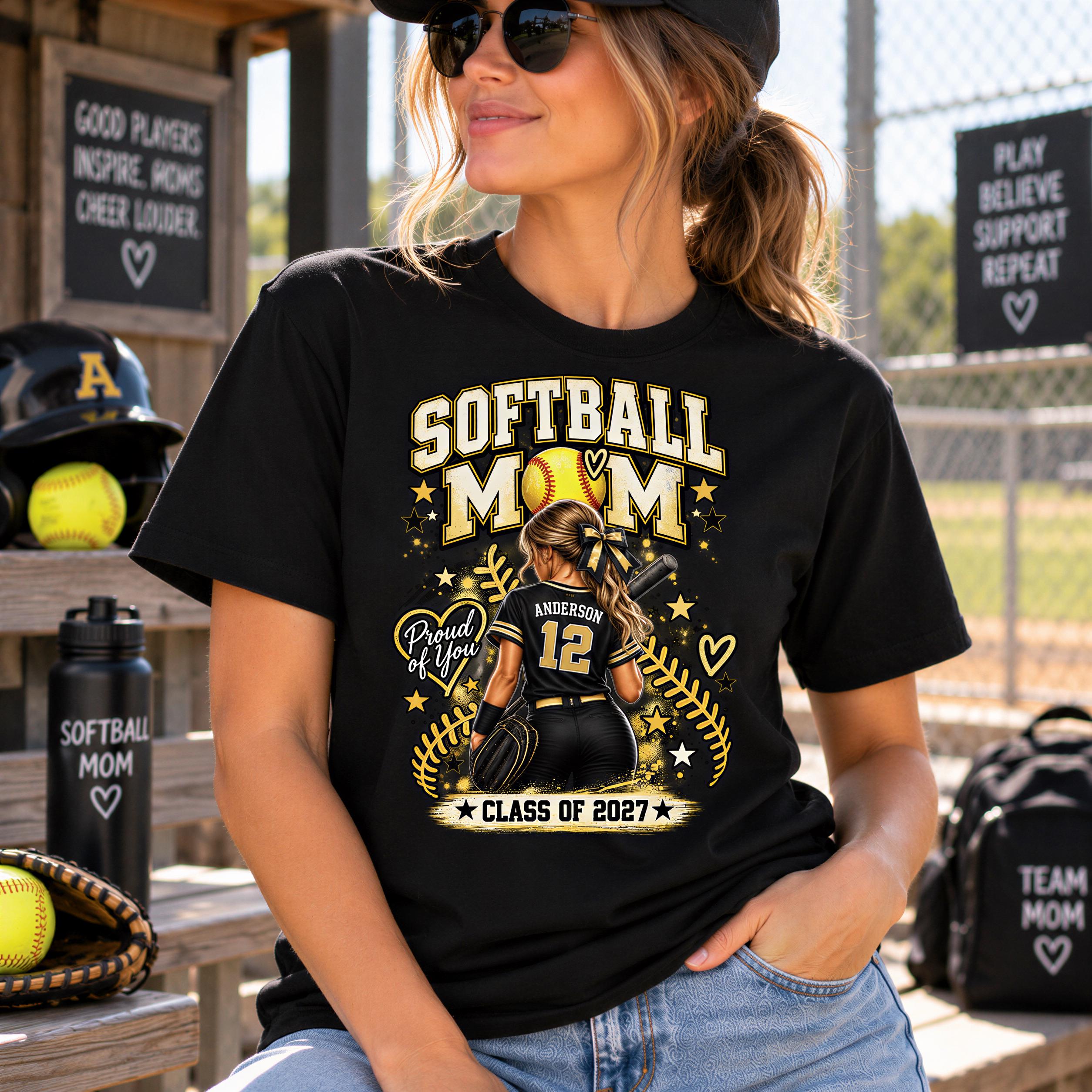 A woman wearing a black t-shirt with a graphic design of a female softball player and the text "Softball Mom" is standing in front of a sign that says "Good Players, Inspire, Mom Cheer Louder".