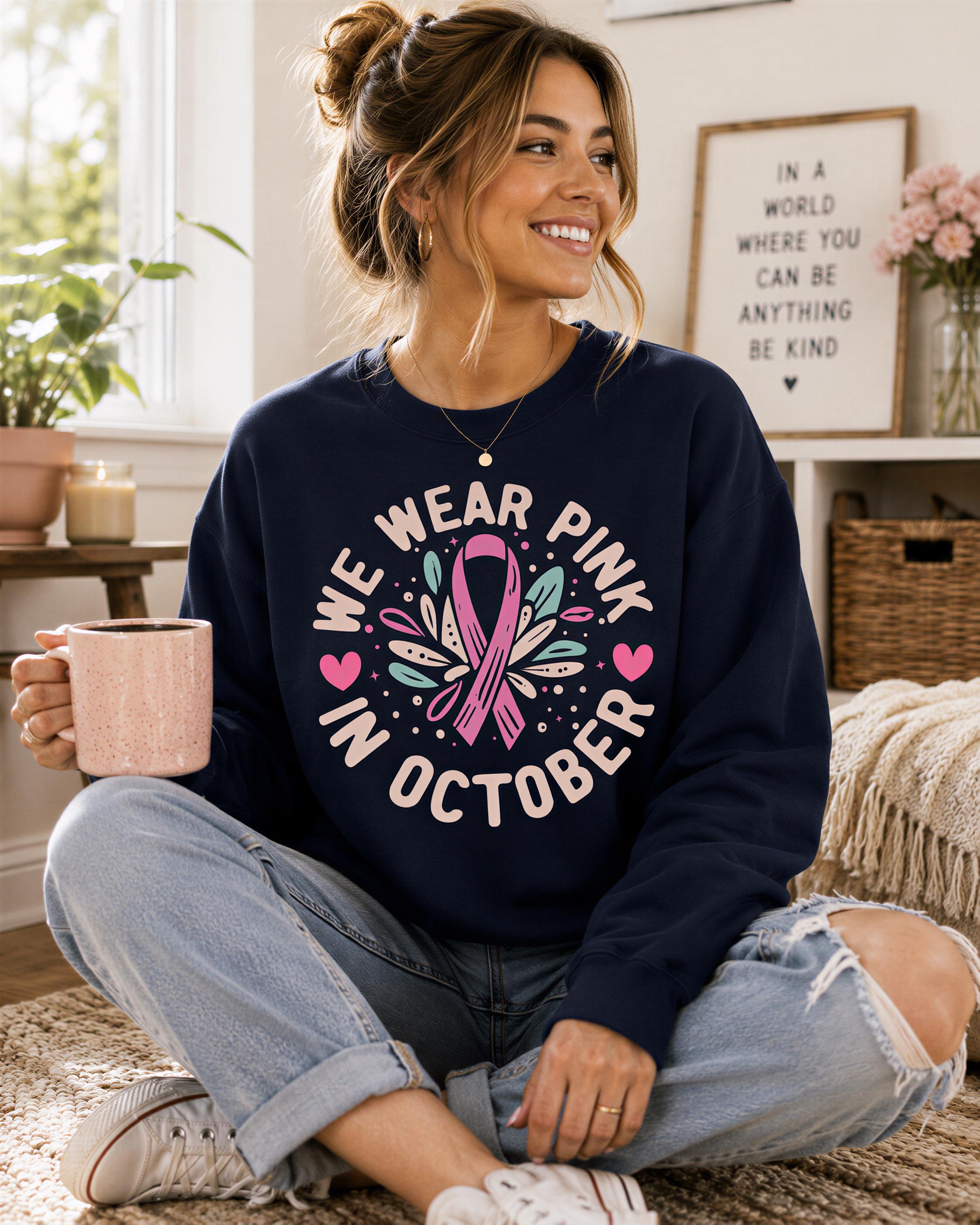 A woman wearing a navy blue sweatshirt with a pink ribbon design and the text "We Wear Pink in October" is sitting on the floor, holding a pink mug and smiling.