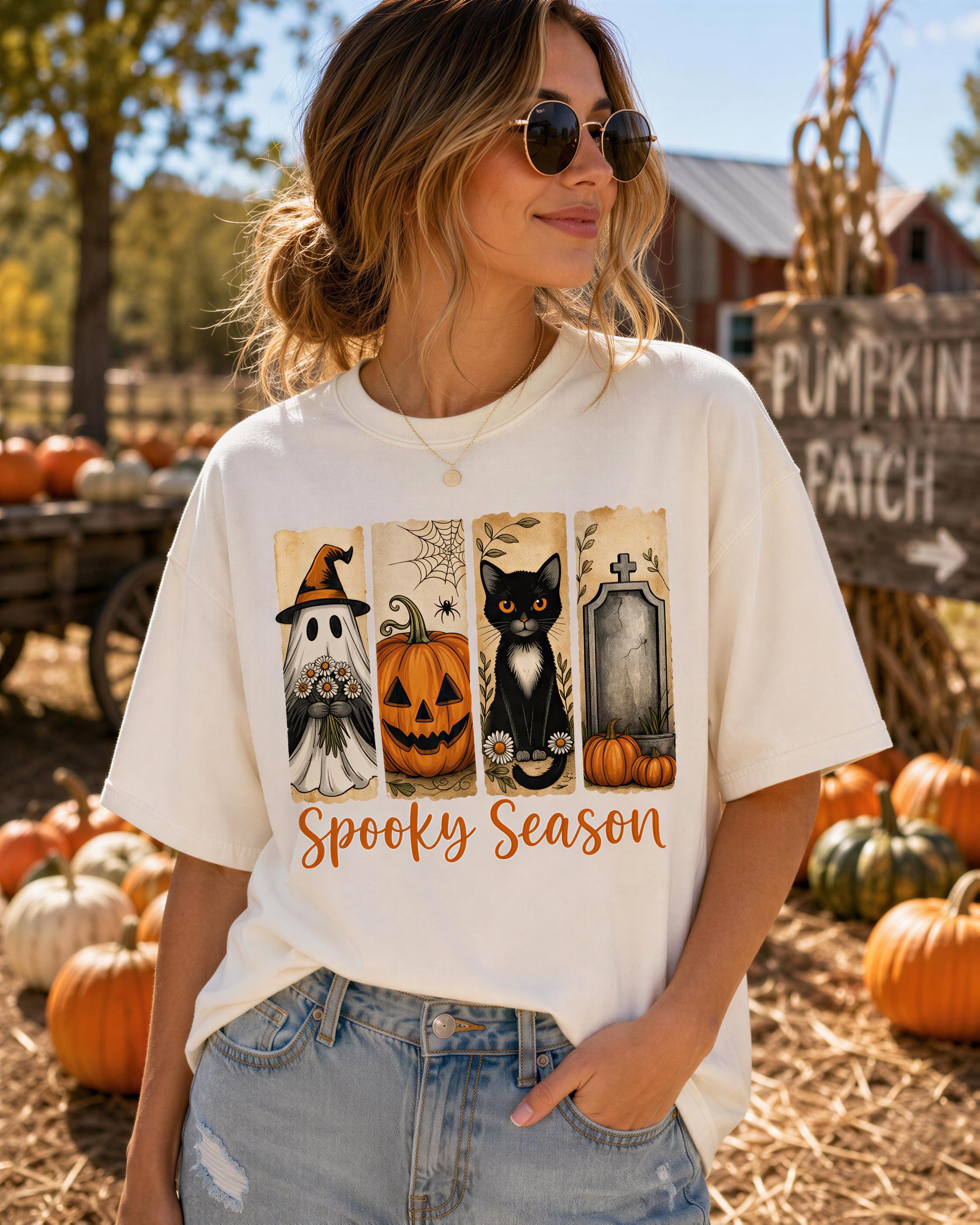 A woman wearing a white t-shirt with a Halloween-themed graphic design, including a witch, a cat, a pumpkin, and a spider, standing in a pumpkin patch surrounded by pumpkins.