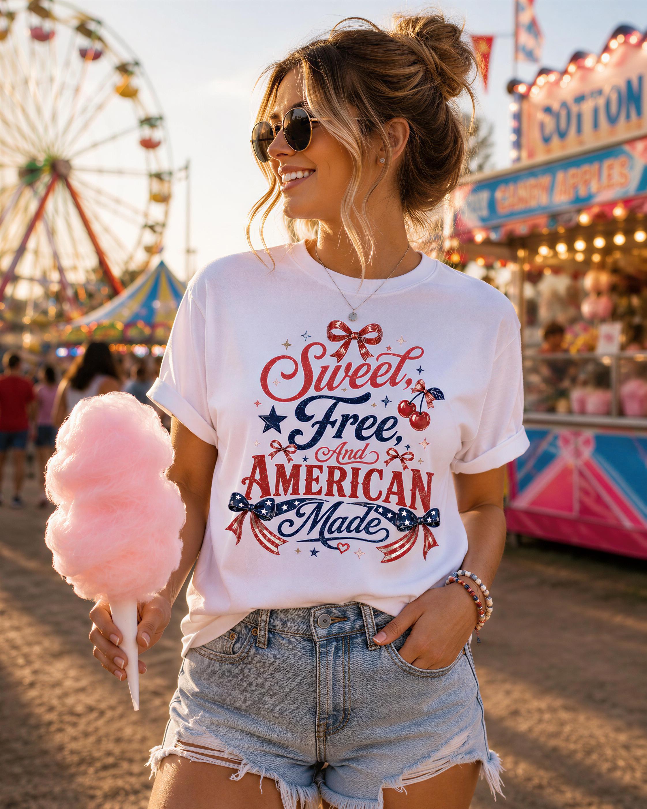 A woman wearing a white t-shirt with patriotic text and holding a pink cotton candy at a carnival.