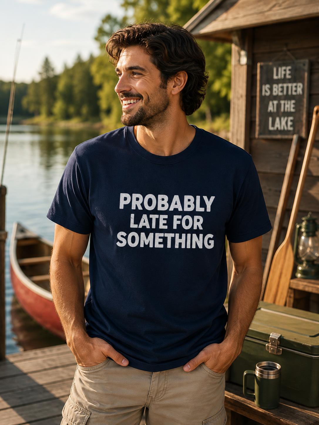 A man wearing a navy blue t-shirt with the text "Probably late for something" is standing on a dock next to a red canoe and a sign that says "Life is better at the lake".