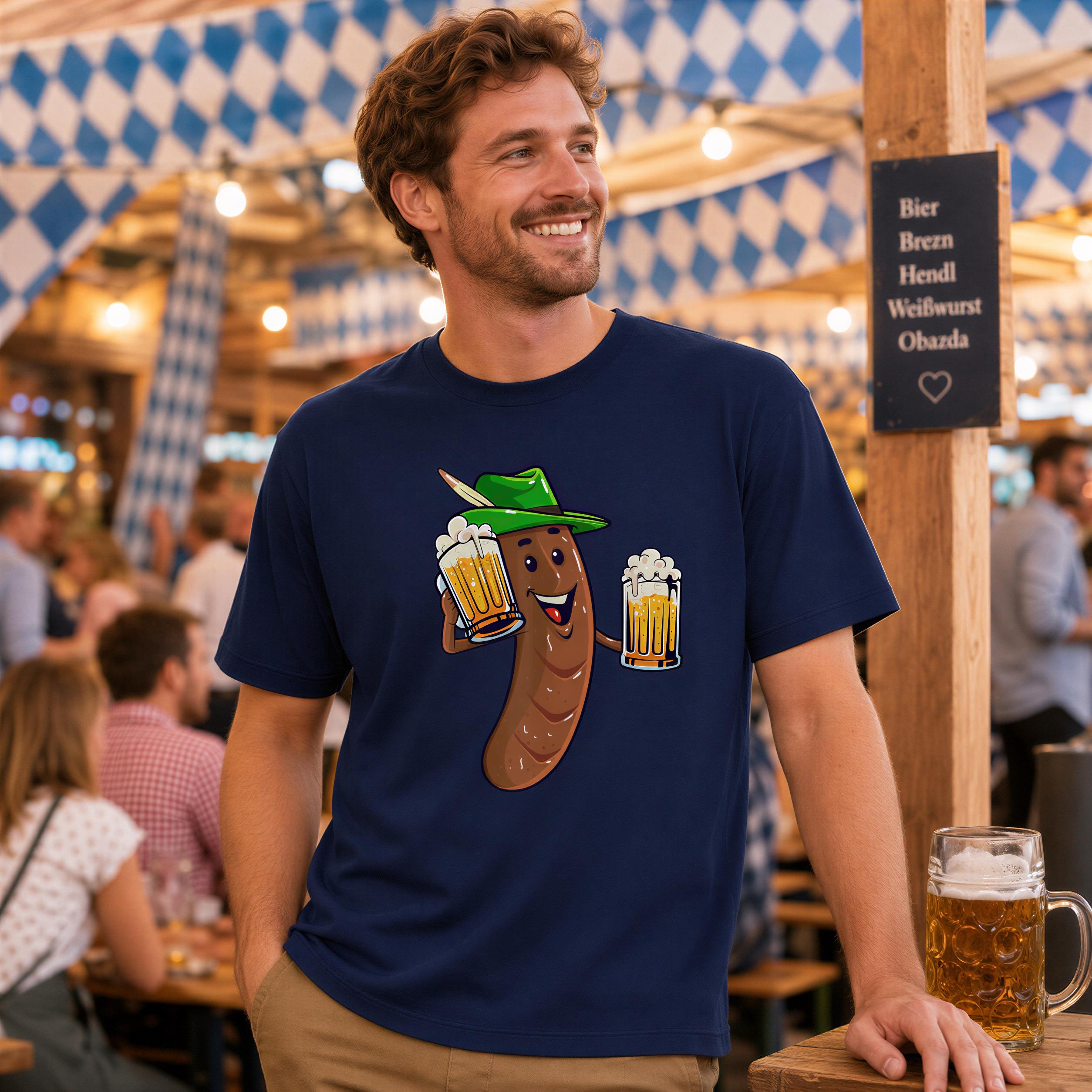 A man wearing a blue t-shirt with a cartoon hot dog graphic is smiling and holding a mug of beer at a bar or restaurant.