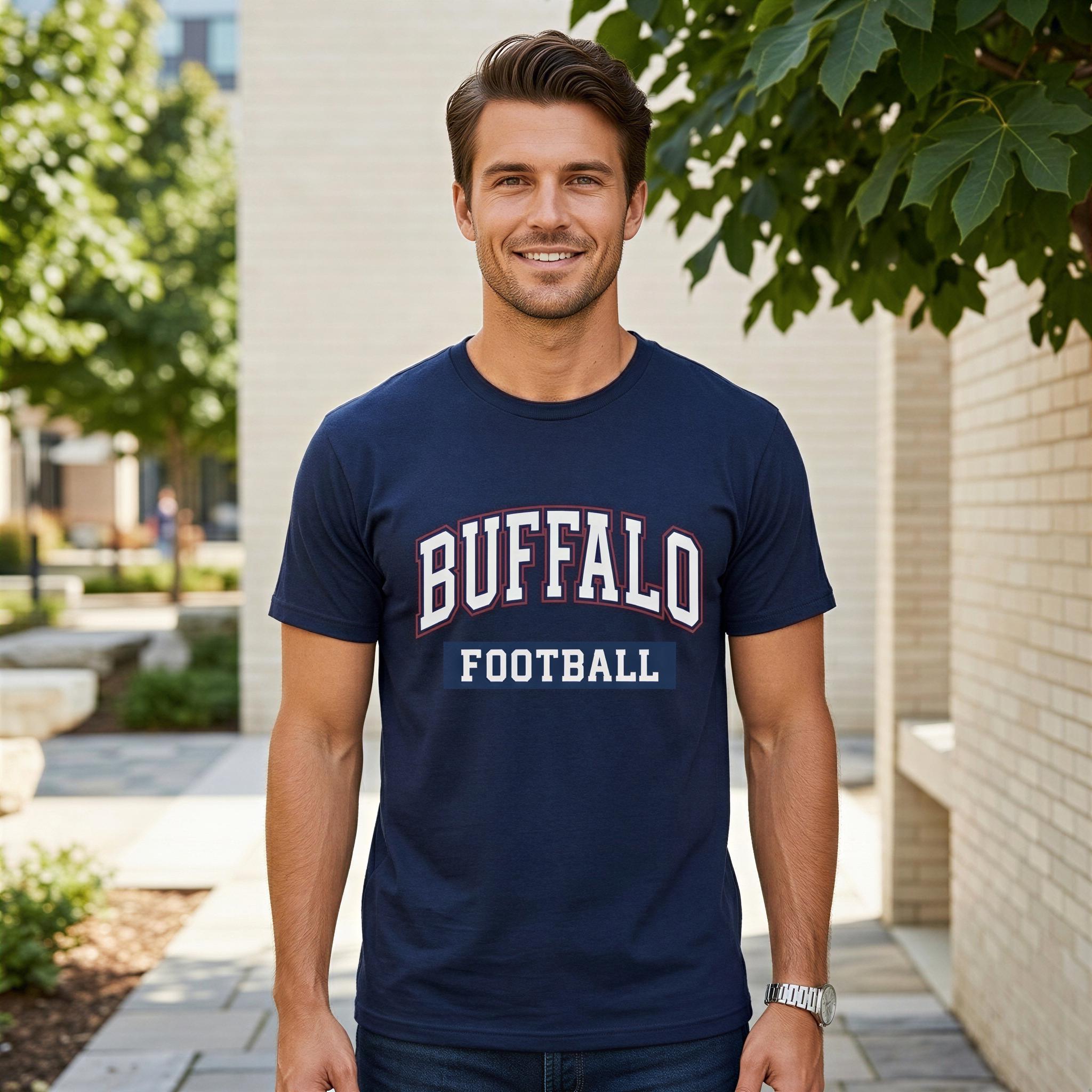 A man wearing a navy blue t-shirt with the text "BUFFALO FOOTBALL" stands in front of a brick building with trees in the background.