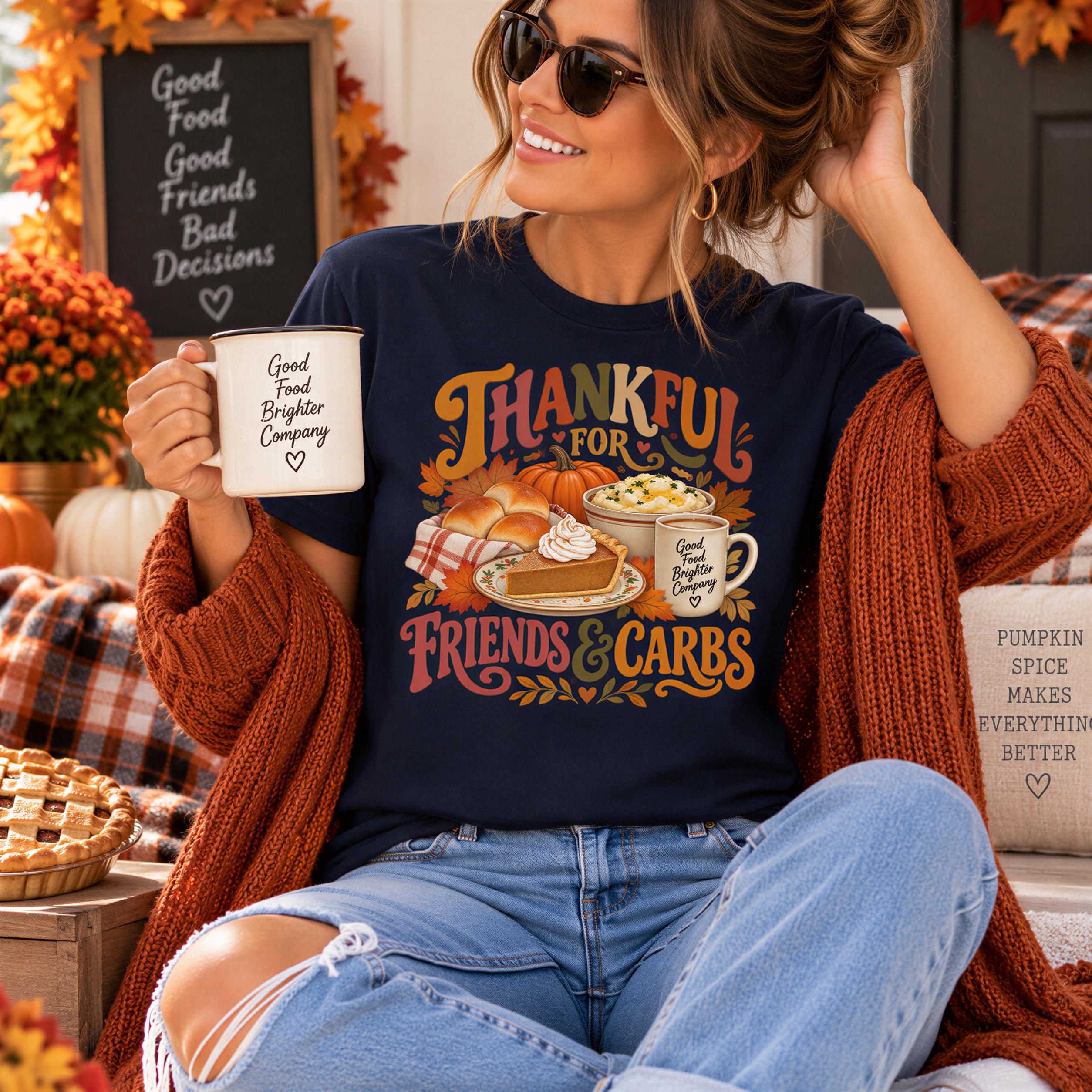 A woman wearing a black t-shirt with a graphic design and holding a coffee mug, sitting on a couch with a pumpkin decoration in the background.