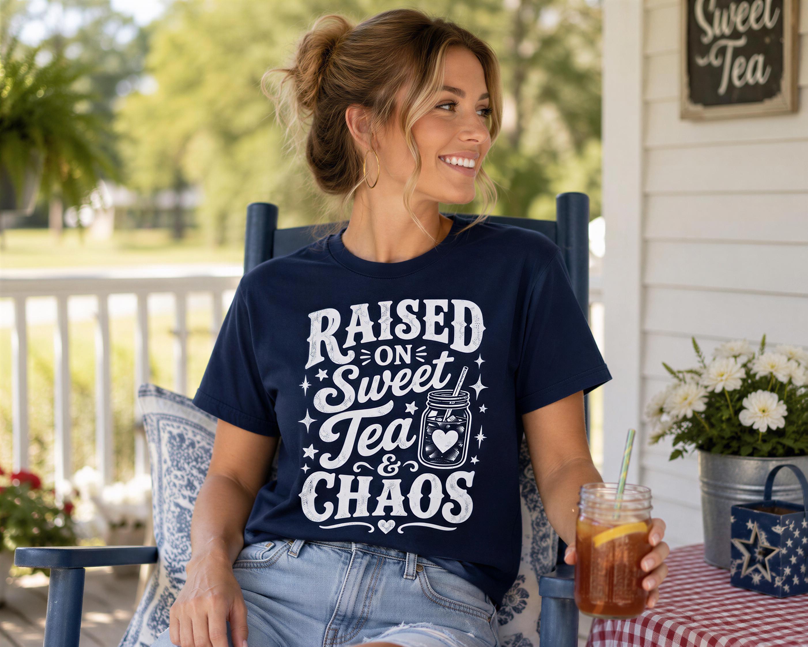 A woman wearing a navy blue t-shirt with white text and a graphic, sitting on a porch and holding a glass of tea.