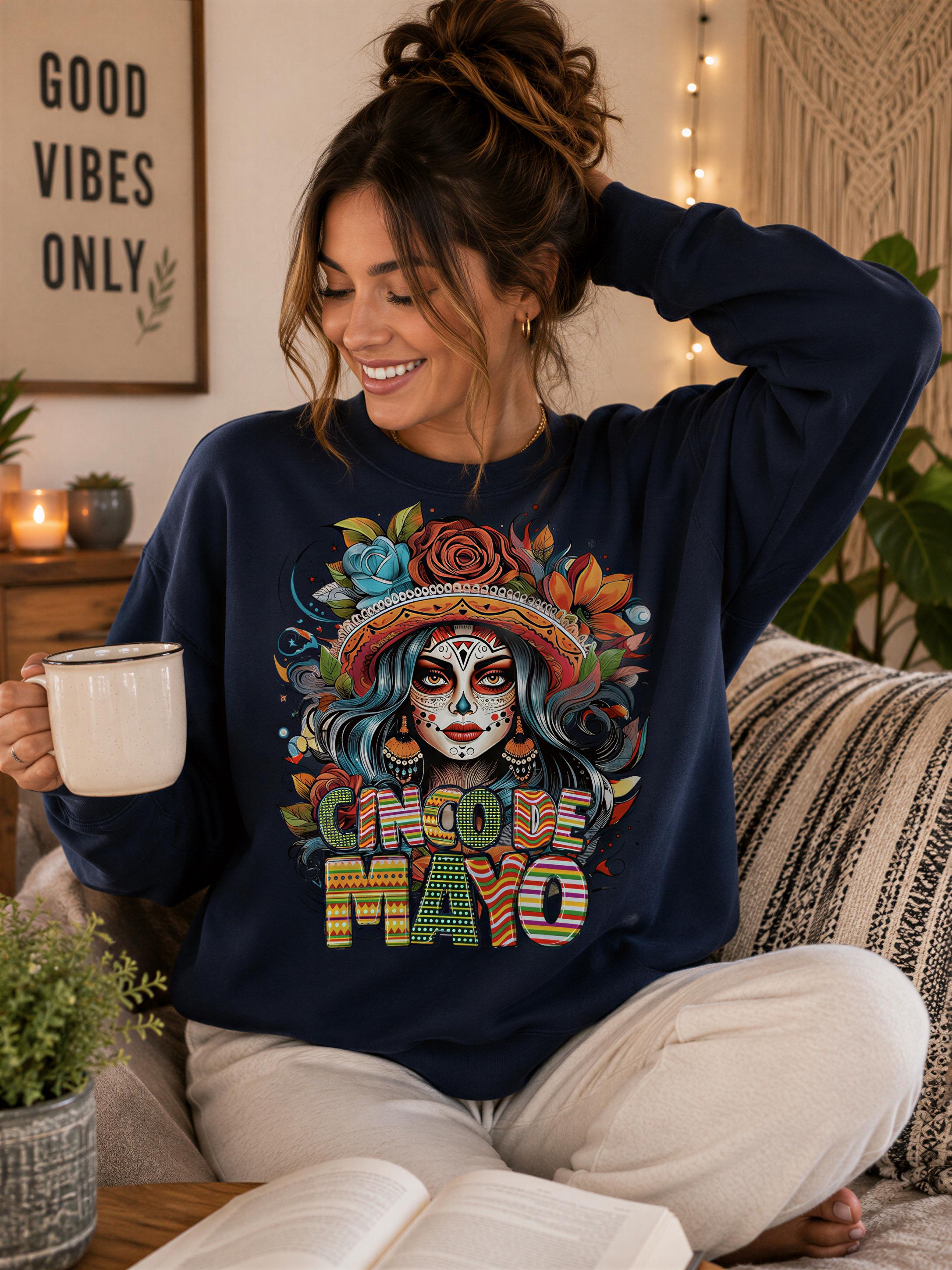 A woman wearing a blue sweatshirt with a colorful design of a woman's face and the text "CINNAM MAYO" is sitting on a couch and holding a coffee mug.