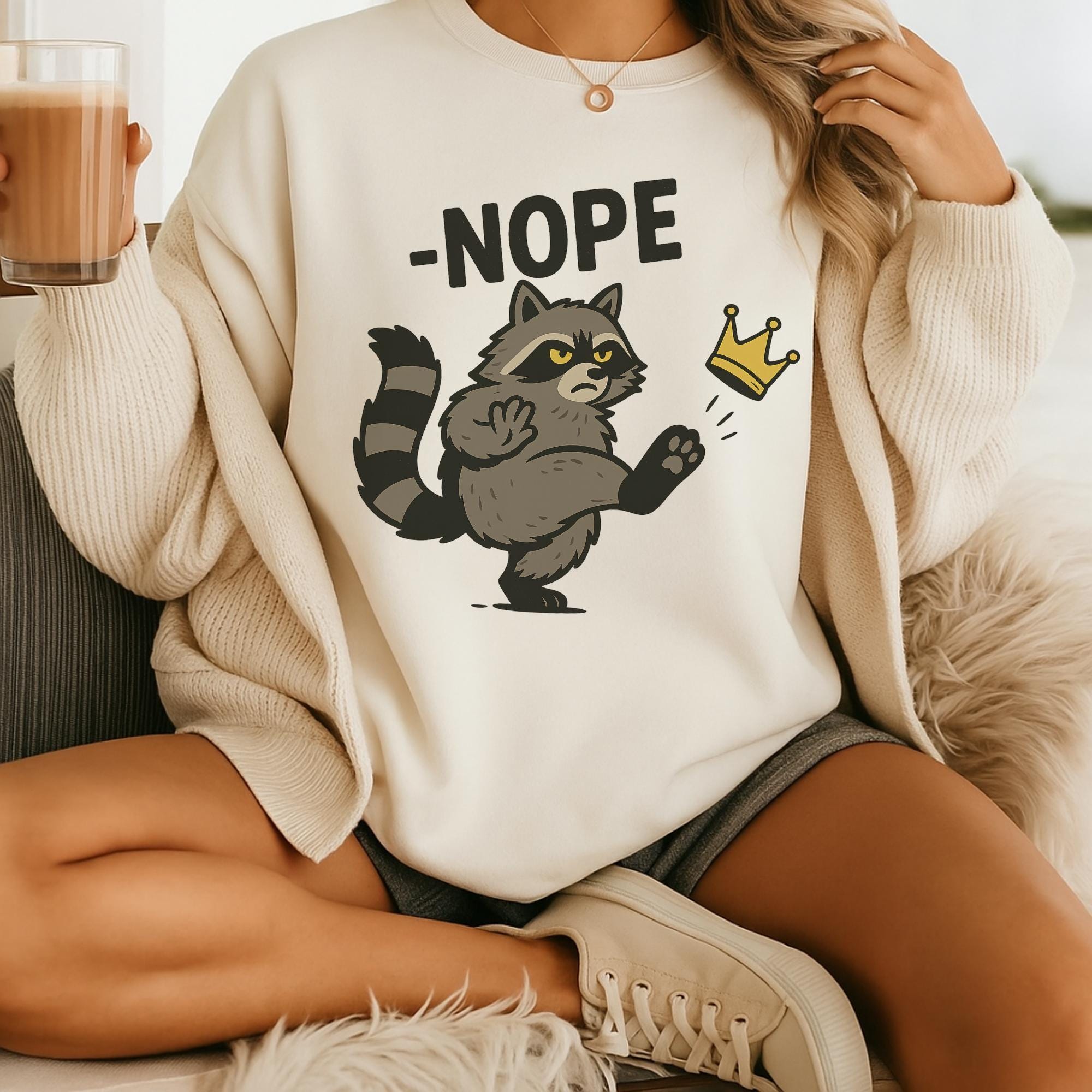 A person wearing a white sweater with a graphic of a raccoon and the text "NOPE" printed on it, along with a crown.