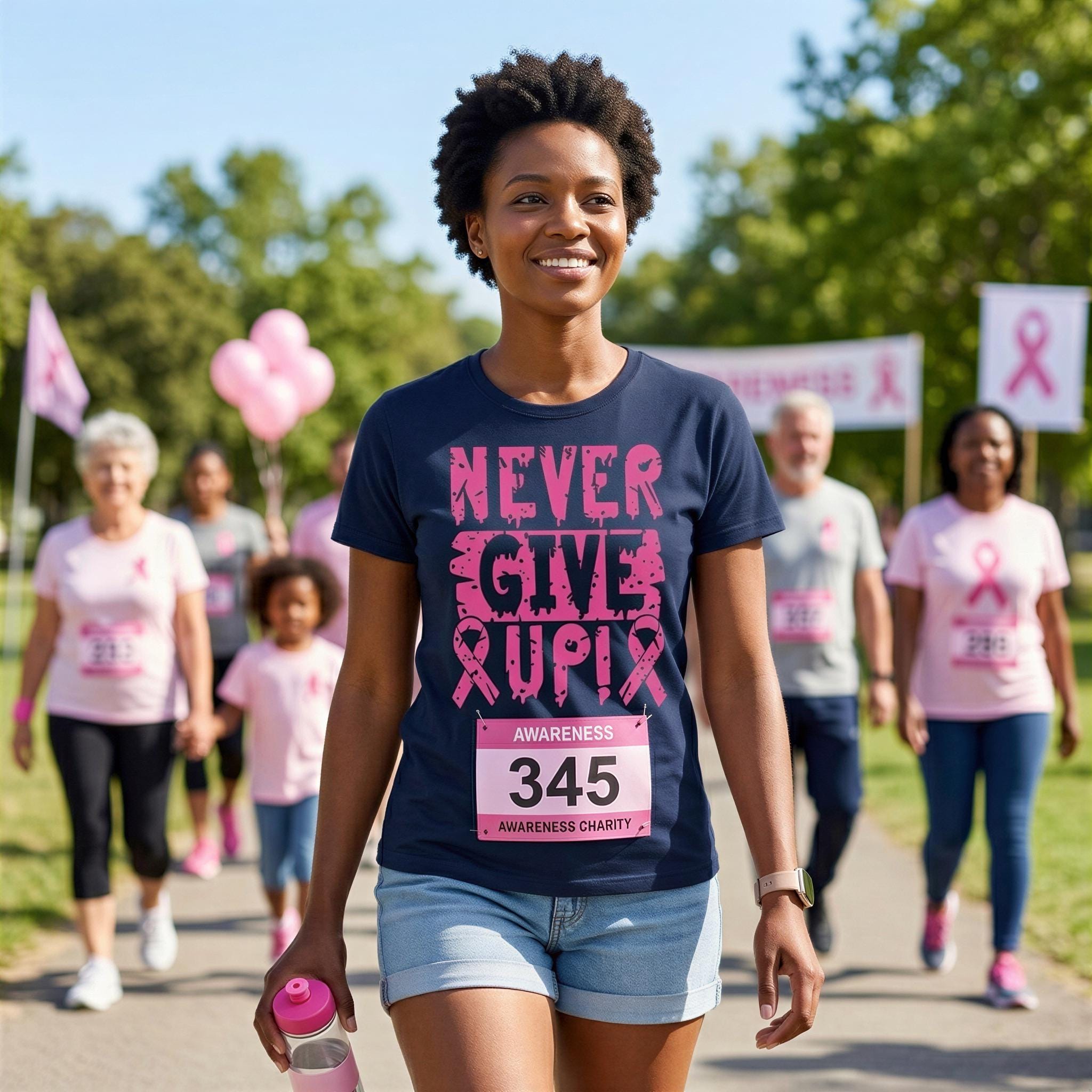 A woman wearing a black t-shirt with pink text and a pink ribbon design is walking in a park, surrounded by other people wearing pink shirts and holding pink ribbons, likely participating in a breast cancer awareness event.