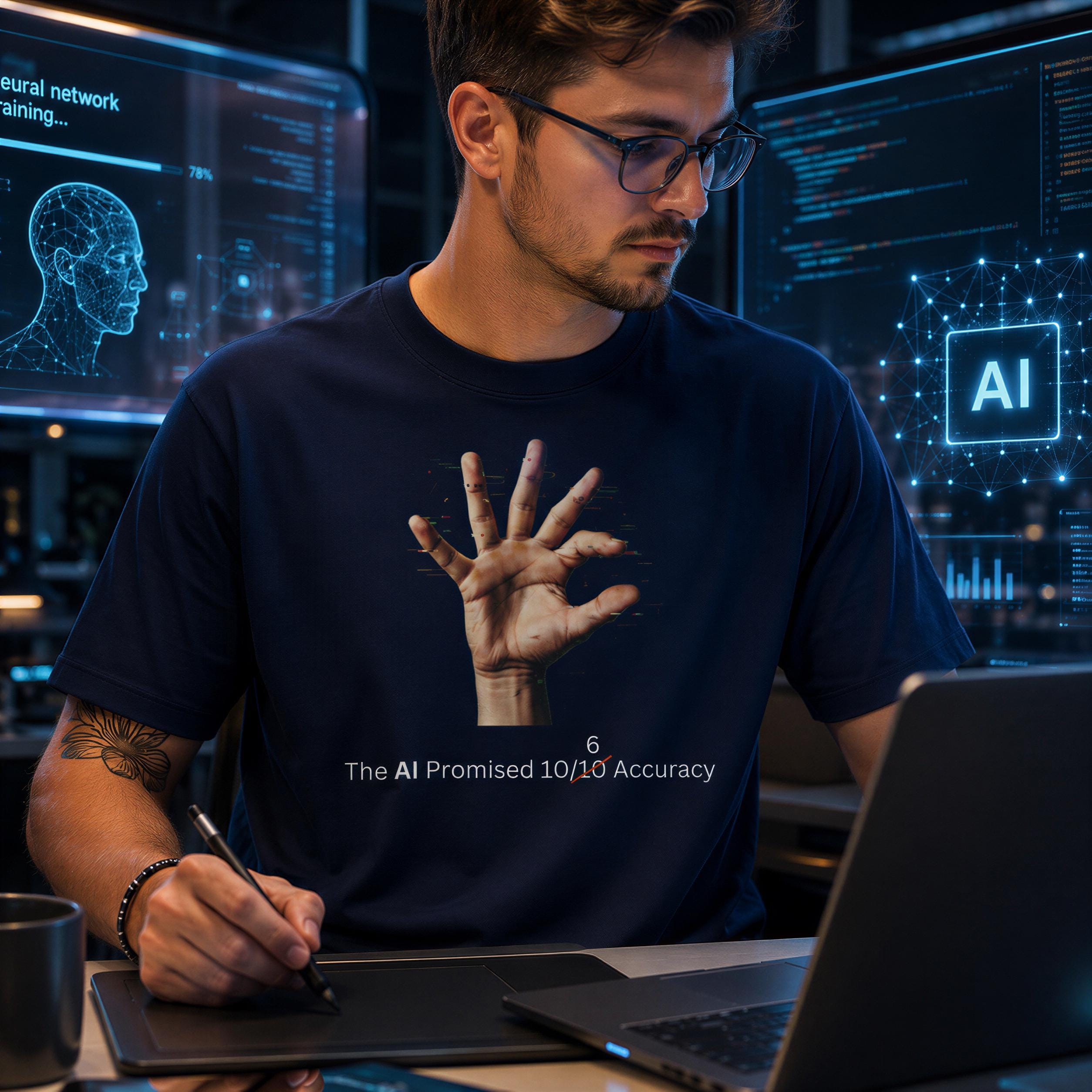 A man wearing glasses is sitting at a desk, working on a laptop computer. The laptop is placed in front of him, and he is using a stylus to interact with the device. The background features a collage of various computer screens and graphics, suggesting a technology or data-driven environment.