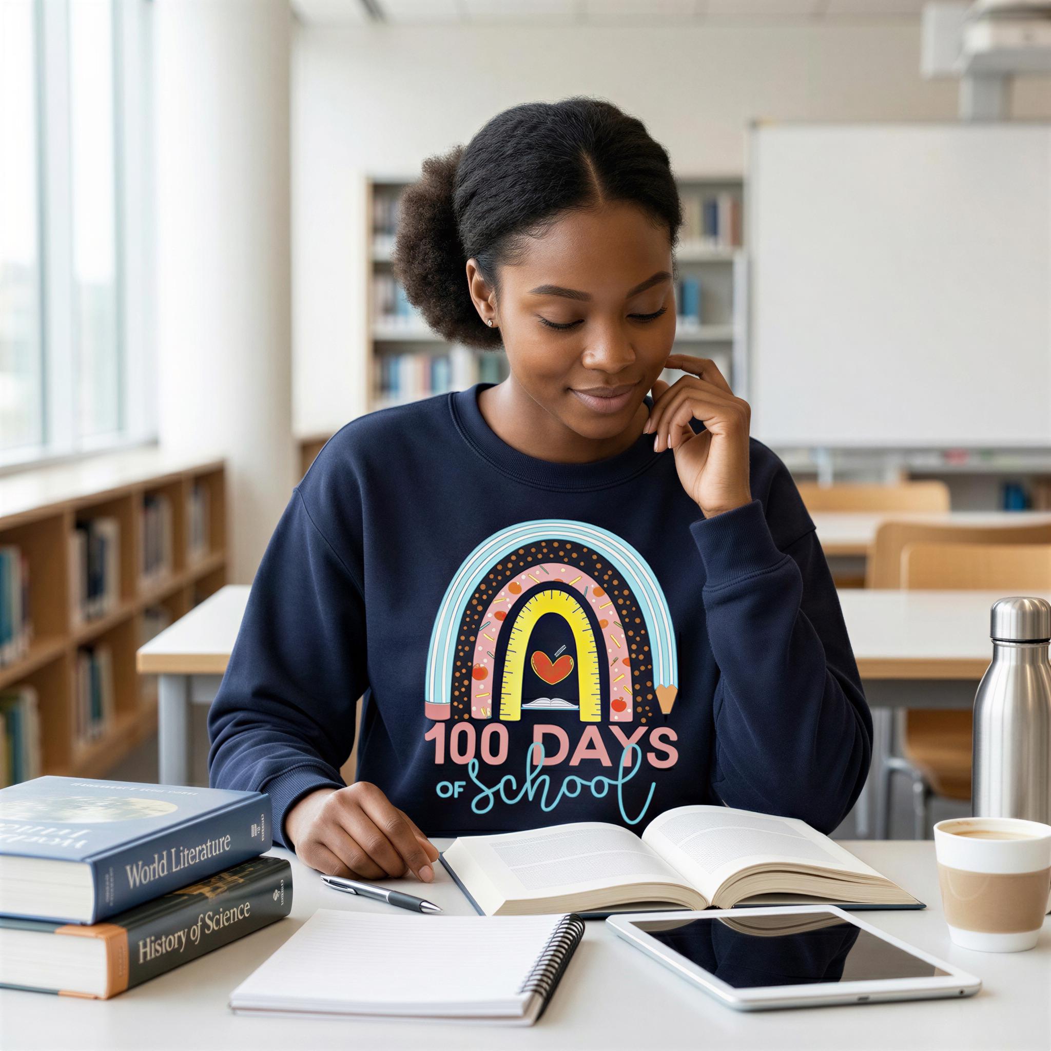 A young woman is sitting at a desk in a library, surrounded by books and a tablet, focused on studying or reading.