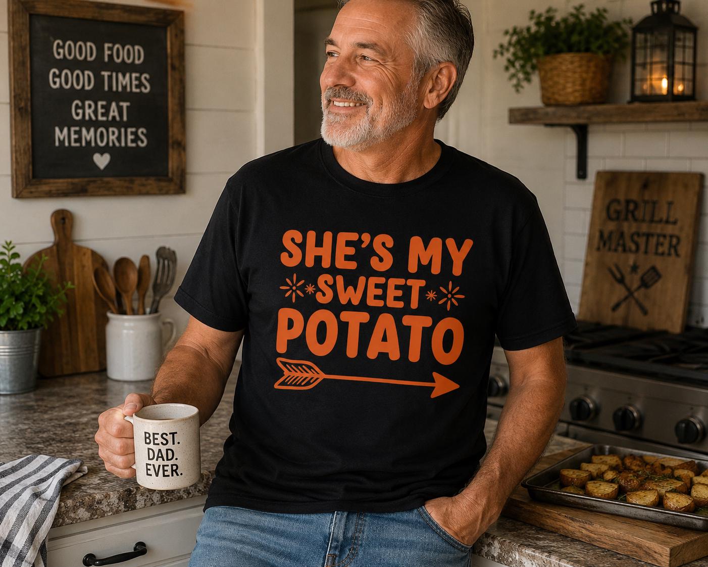 A man wearing a black t-shirt with the text "SHE'S MY SWEET POTATO" and holding a coffee mug with the text "BEST DAD EVER" is standing in a kitchen with various kitchen items and decorations around him.
