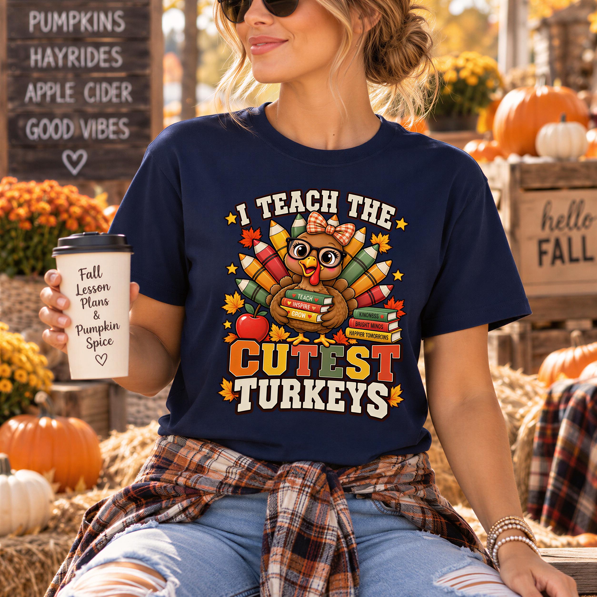 A woman wearing a blue t-shirt with a graphic of a turkey holding books and surrounded by fall decorations, holding a coffee cup with a message about teaching the cutest turkeys.