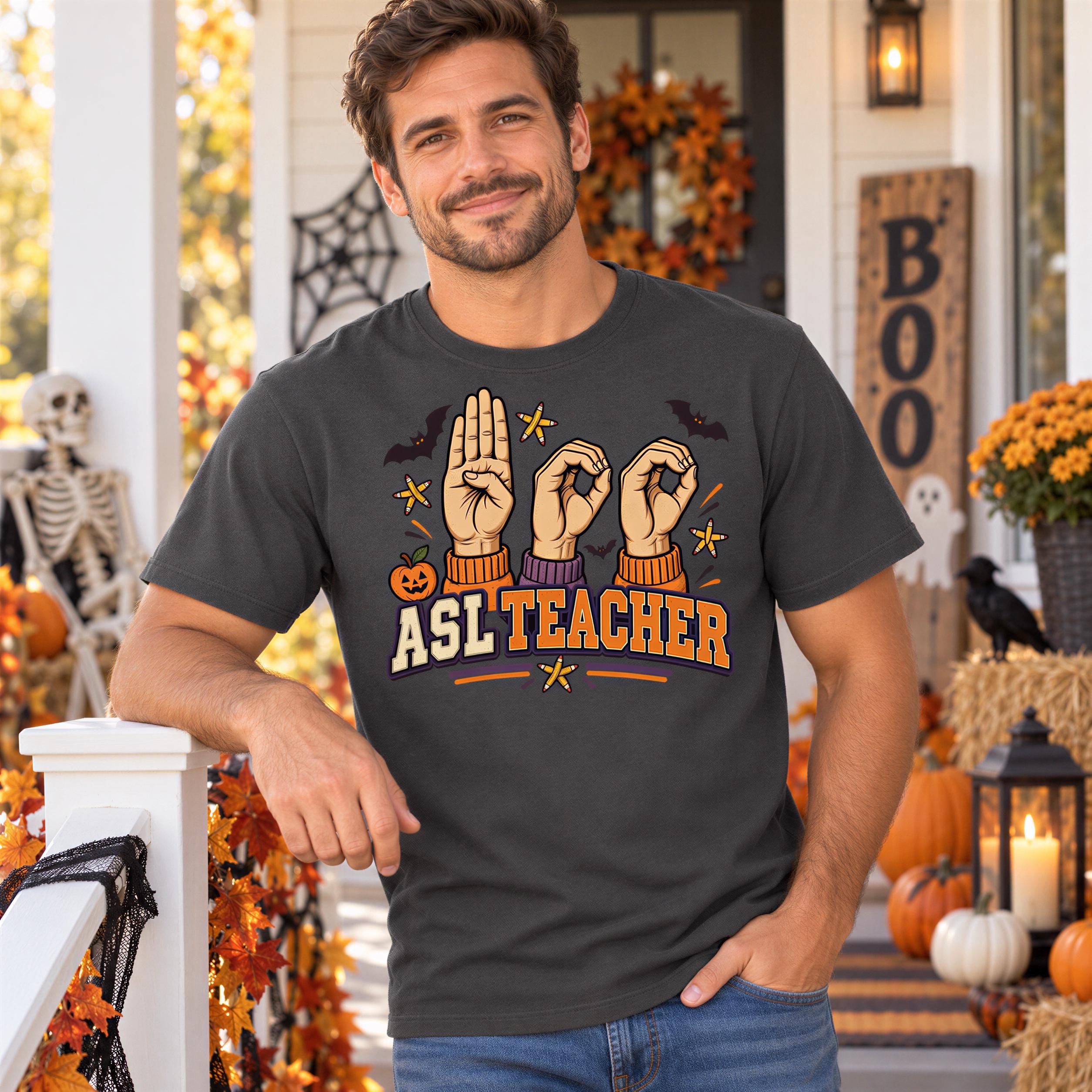 A man wearing a t-shirt with a graphic design that says "ASL TEACHER" is standing on a porch decorated for Halloween.