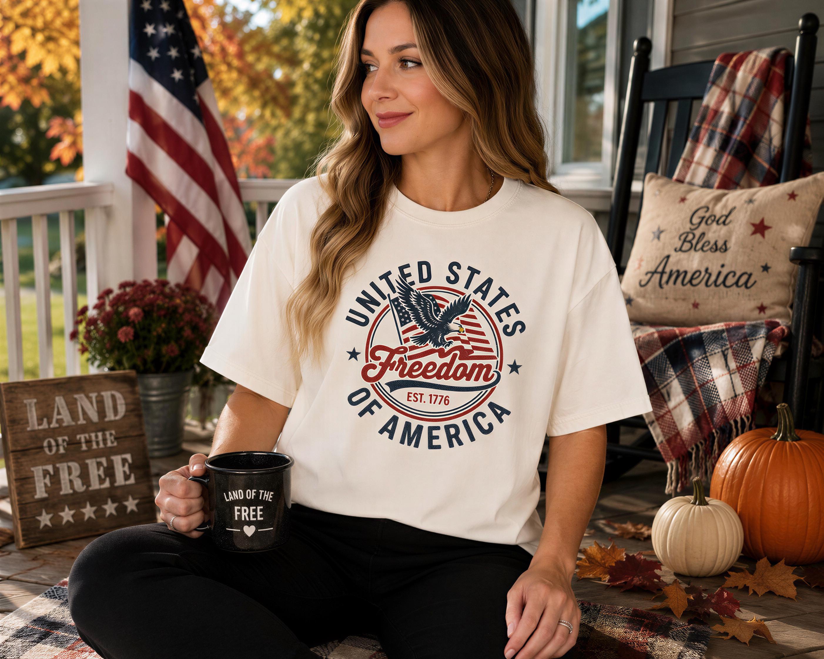 A woman wearing a white t-shirt with a graphic of the United States flag and the words "Land of the Free" sits on a porch, holding a black mug with the text "Land of the Free" printed on it.