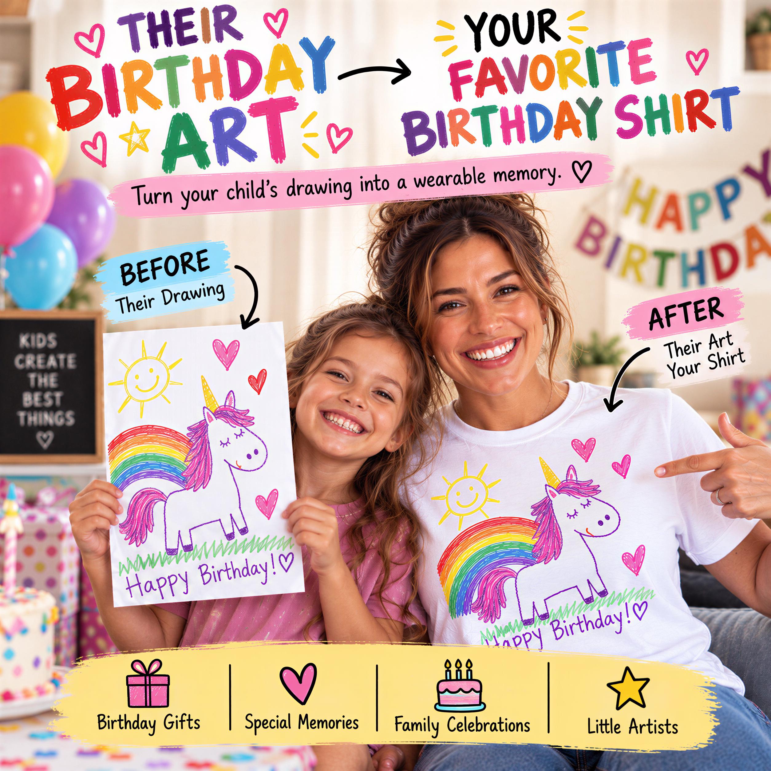 A woman and a young girl are holding up a drawing of a unicorn, smiling and posing for a birthday-themed t-shirt.