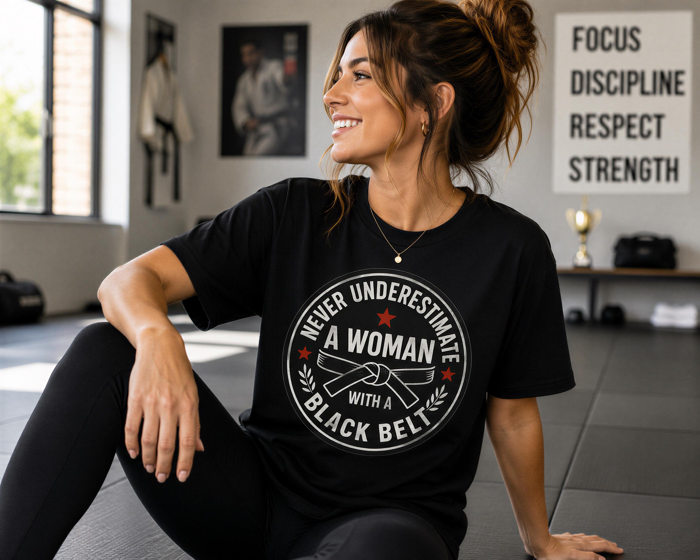 A woman wearing a black t-shirt with a motivational quote is sitting on the floor in a gym or fitness center.