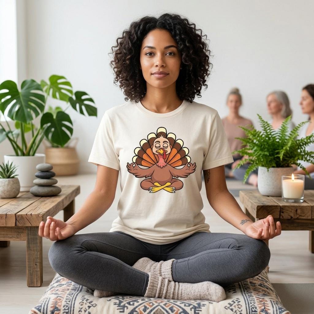 A woman is sitting in a meditative pose with her hands in a prayer position, wearing a white t-shirt with a turkey graphic.