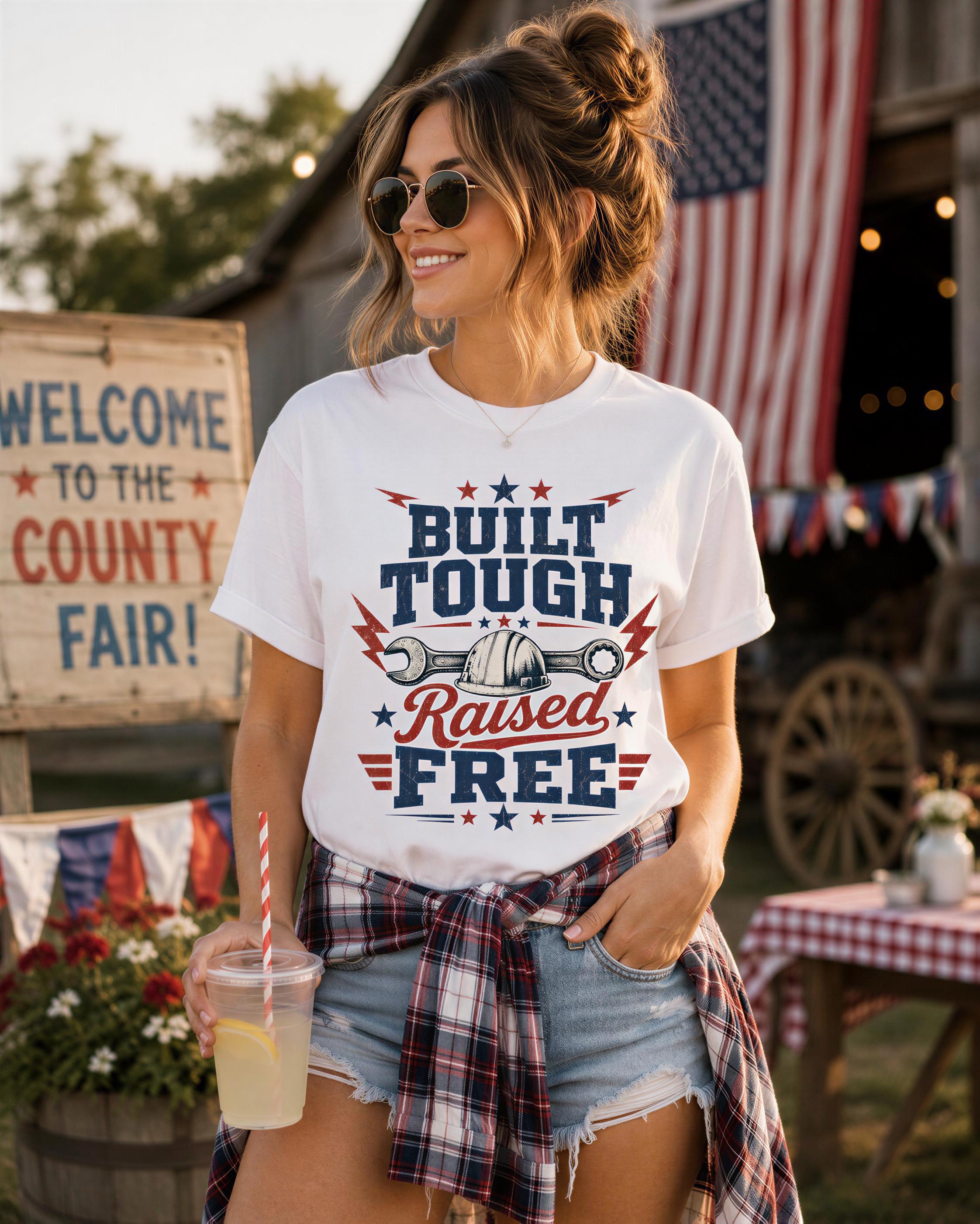 A woman wearing a white t-shirt with a graphic design, sunglasses, and a plaid shirt is standing in front of a wooden structure with an American flag.