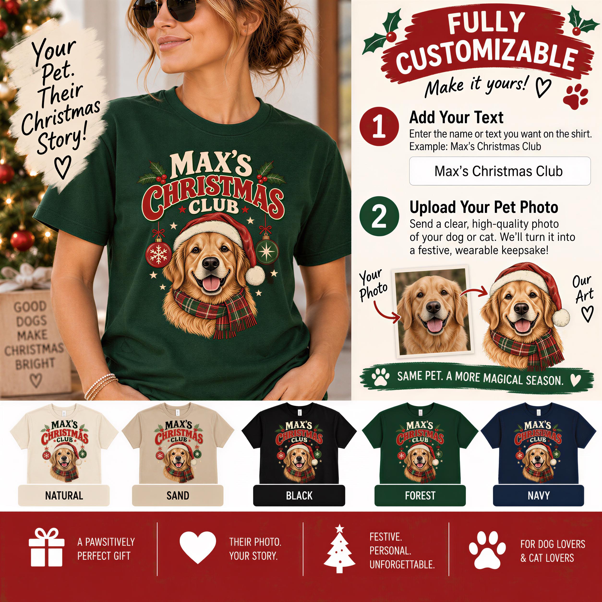 The image is a collage of various images related to a t-shirt design featuring a dog wearing a Santa hat and scarf. The collage includes images of the t-shirt design, a woman wearing the t-shirt, and a dog wearing the t-shirt. The collage also includes images of different colored t-shirts and a dog wearing a Santa hat and scarf.