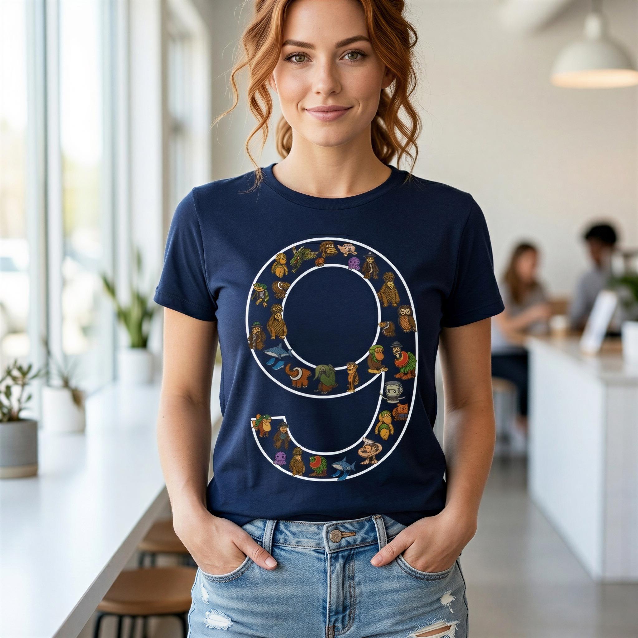 A woman wearing a navy blue t-shirt with a large number 9 graphic and jeans stands in a room with a window and plants in the background.