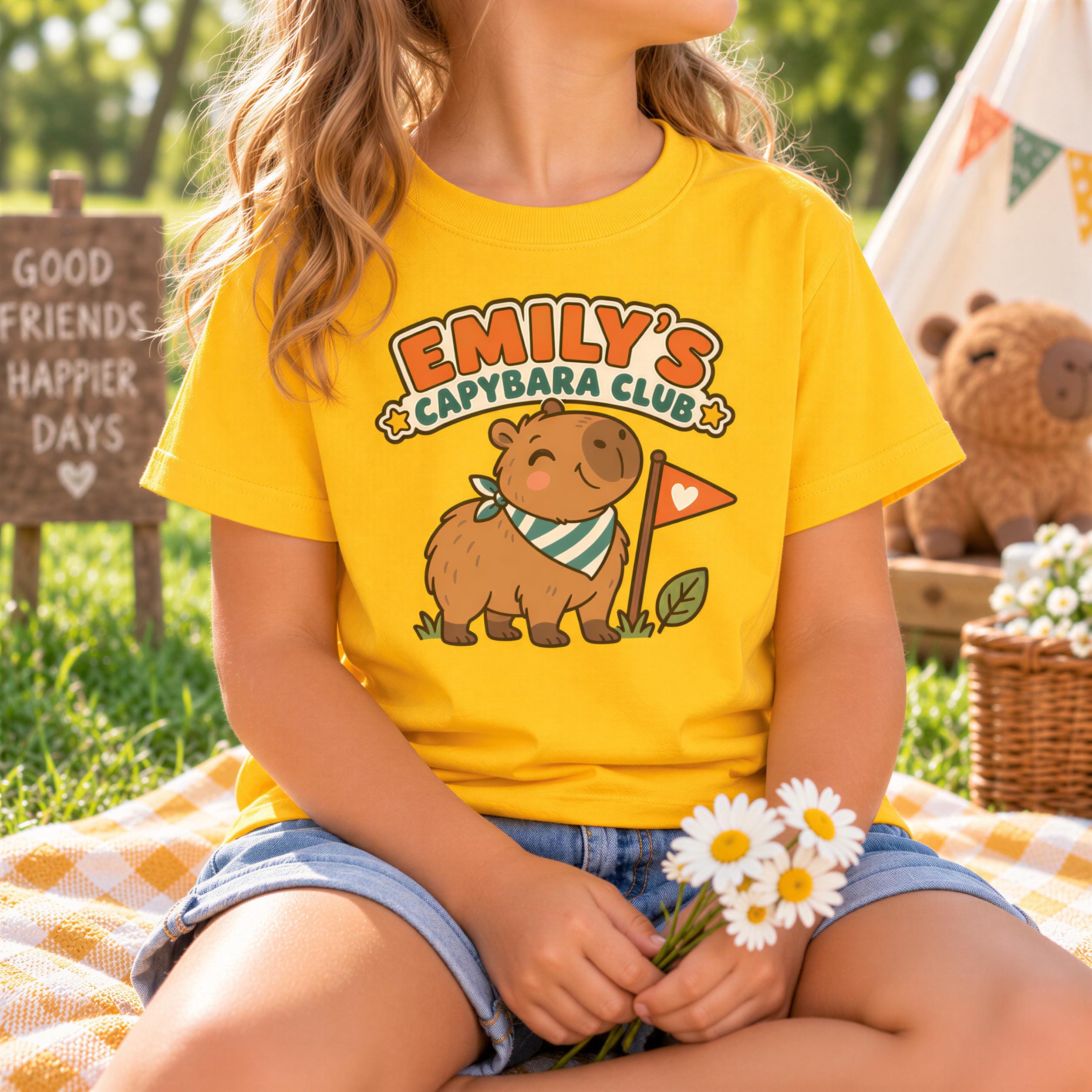 A young girl wearing a yellow t-shirt with a cartoon image of a capybara and the text "EMILY'S CAPYBARA CLUB" is sitting on a blanket in a grassy area, holding a bouquet of white flowers.