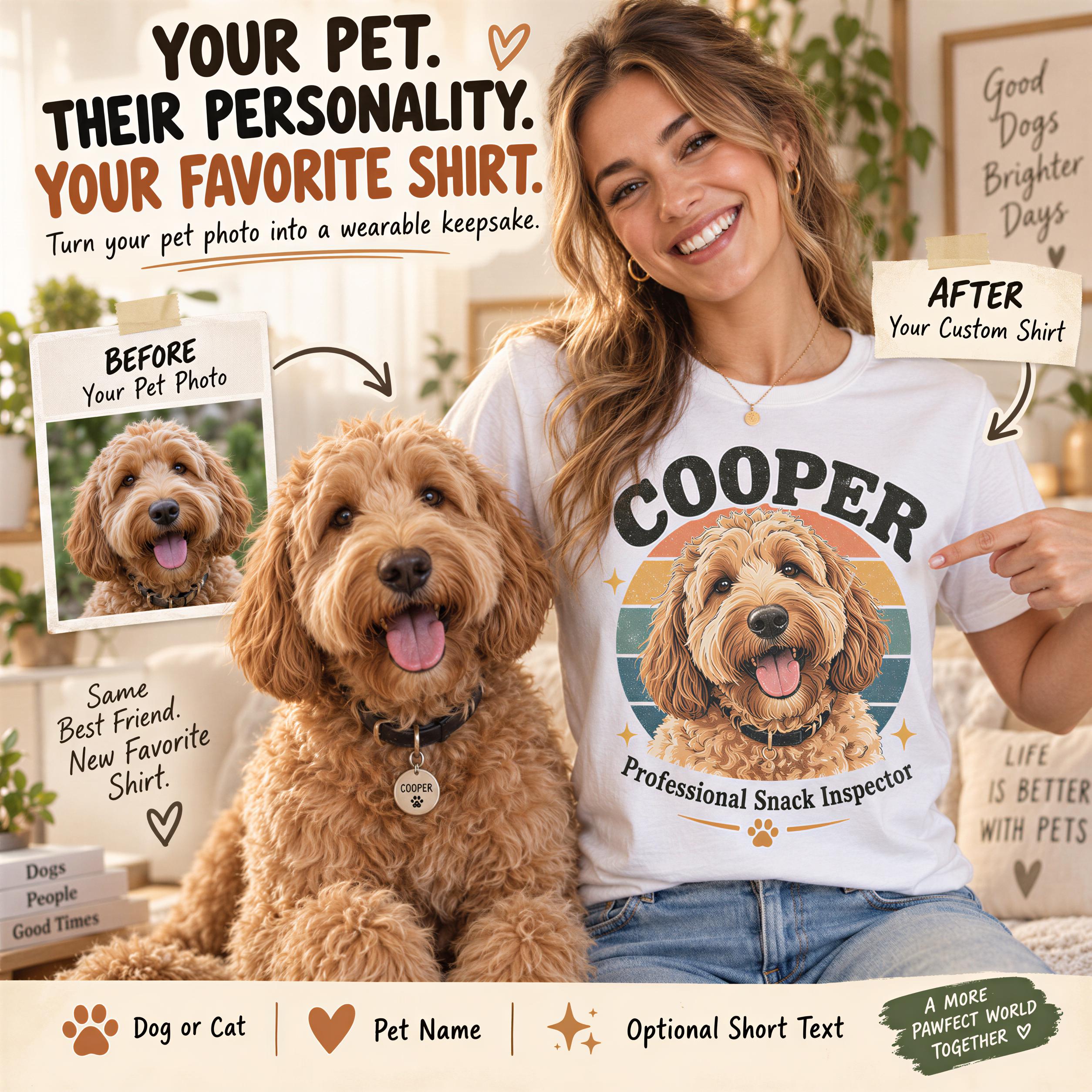 A smiling woman wearing a white t-shirt with a dog image and text, posing with a dog.
