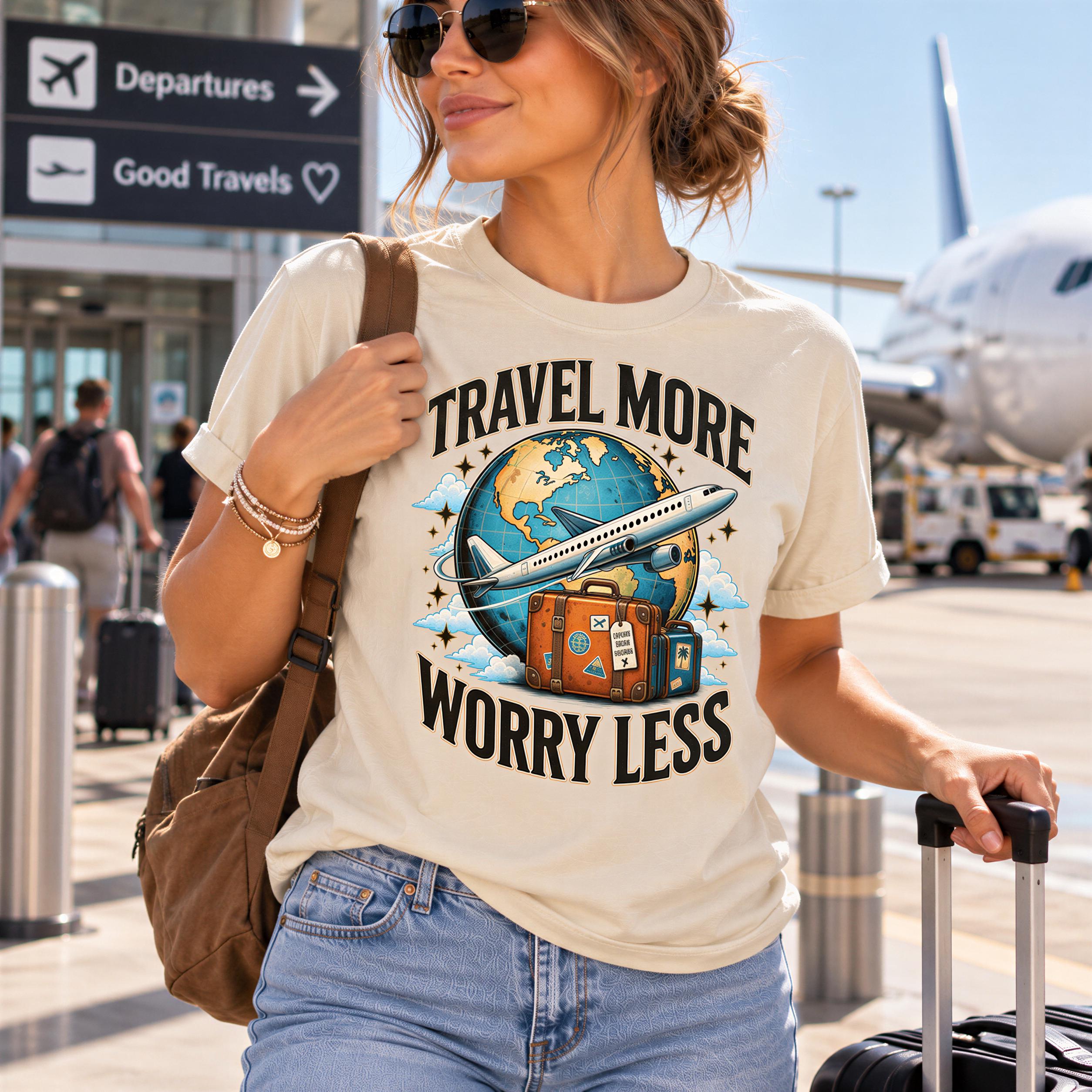 A woman wearing a t-shirt with a travel-themed graphic and sunglasses is standing in front of an airport terminal.