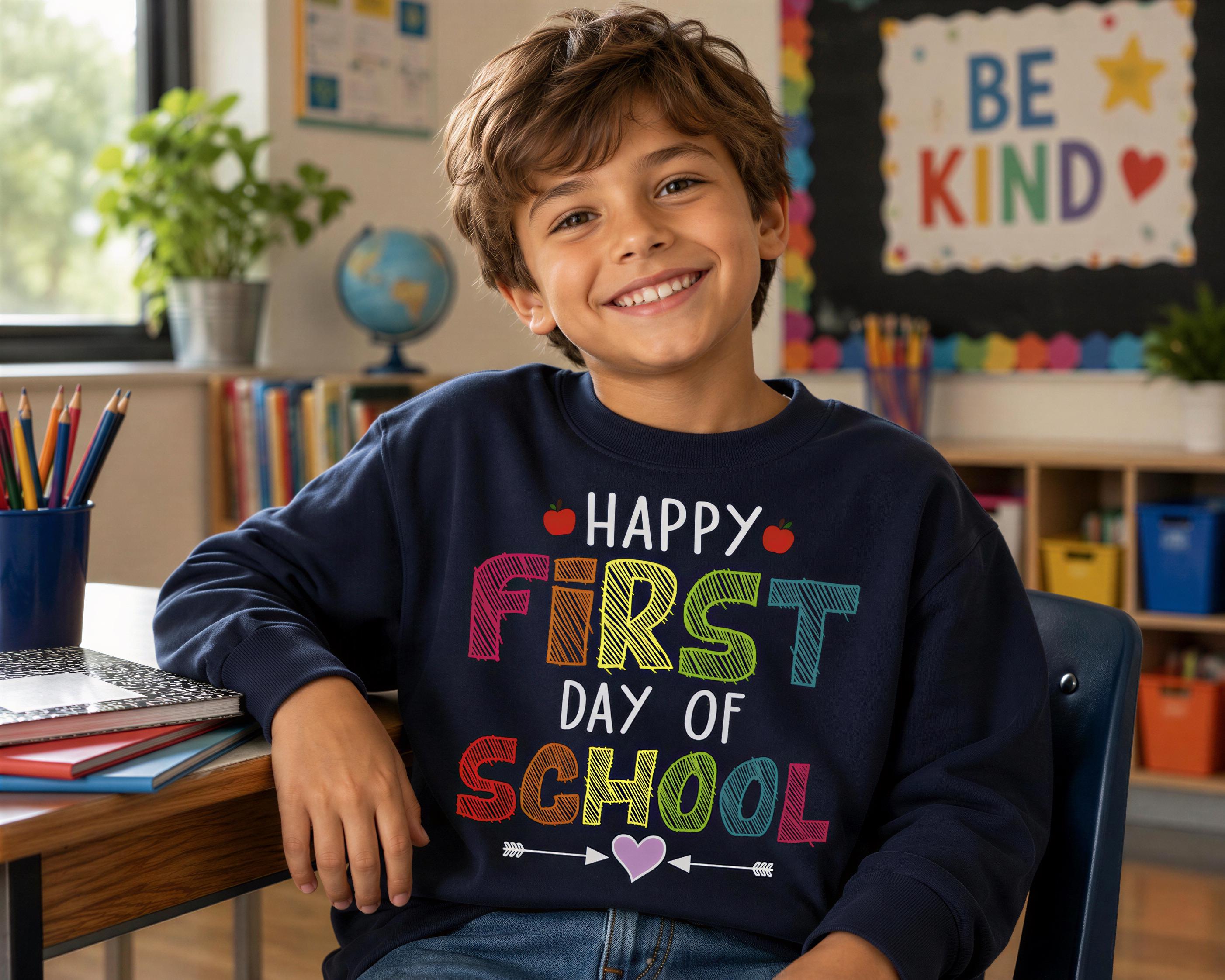 A young boy wearing a blue sweatshirt with the text "HAPPY FIRST DAY OF SCHOOL" is smiling and sitting at a desk in a classroom.