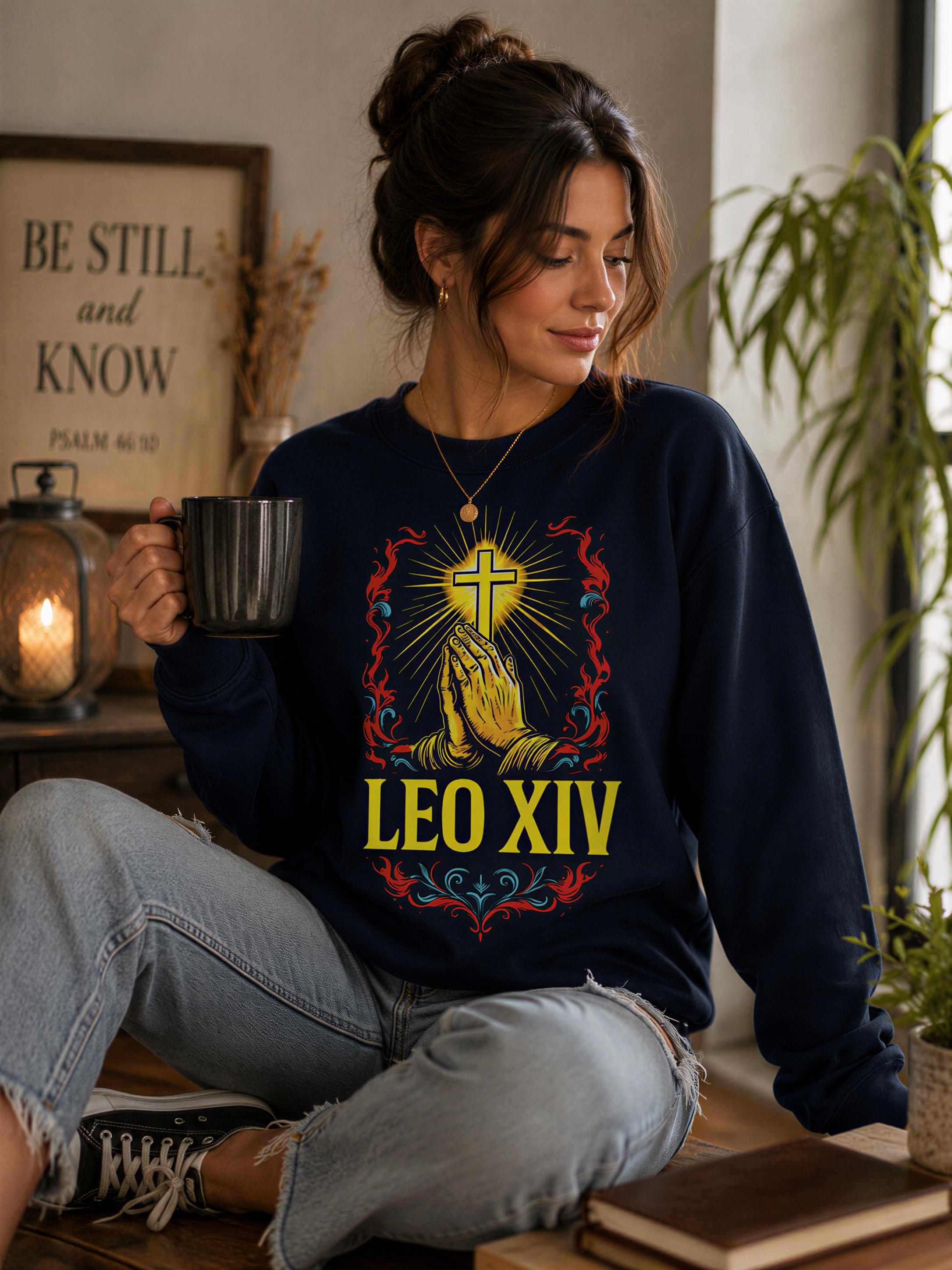 A woman wearing a navy blue sweatshirt with a graphic design of a cross and hands, holding a mug, and sitting on a wooden surface.
