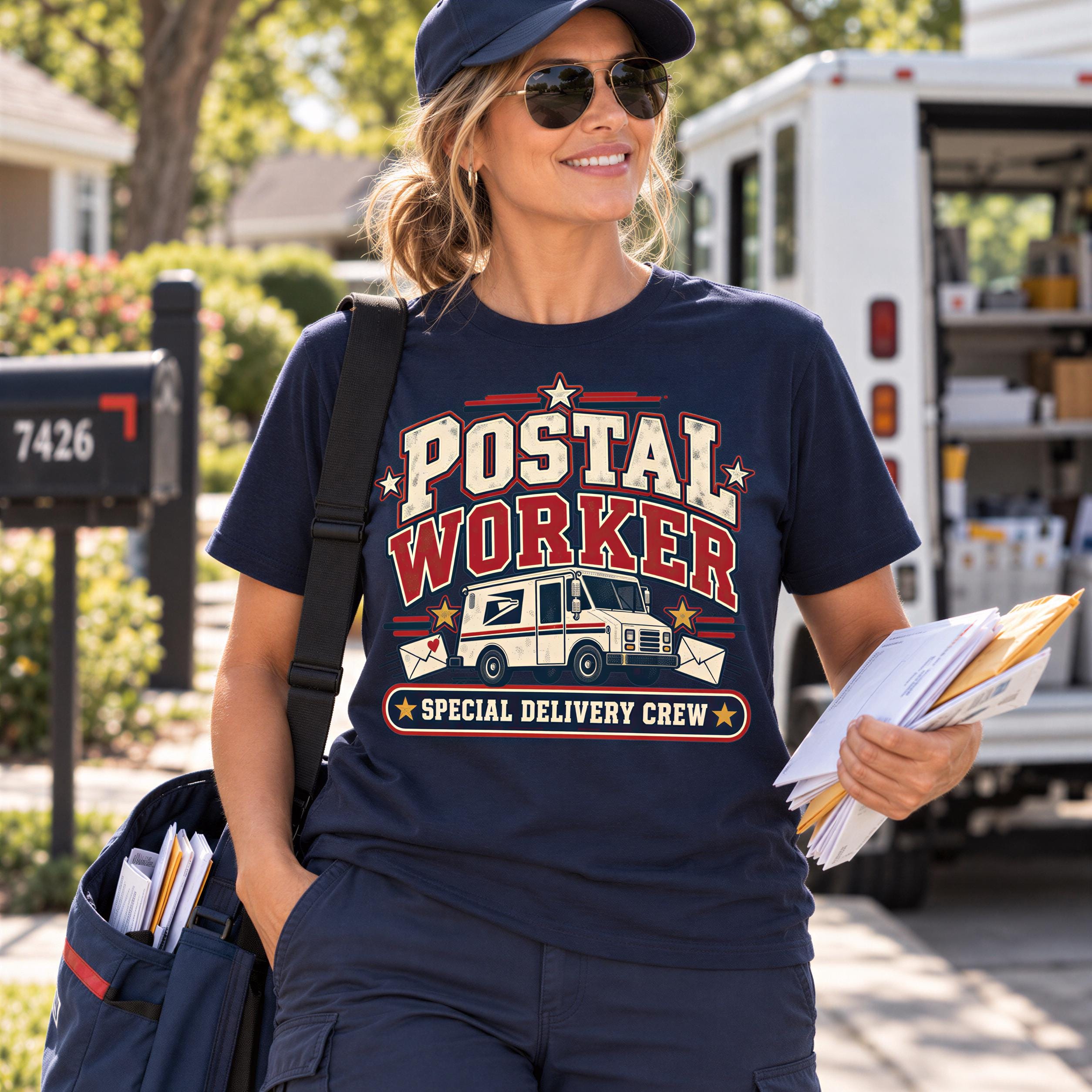 A woman wearing a navy blue t-shirt with a graphic design of a postal worker and a truck, carrying a bag of mail, and smiling.