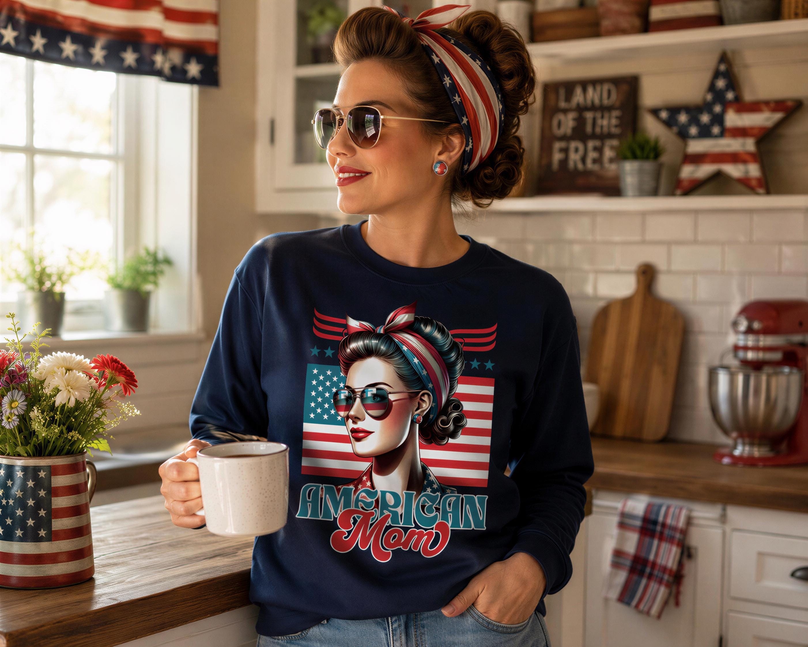 A woman wearing sunglasses and a patriotic headband is holding a coffee mug in a kitchen with American flags and other decor.