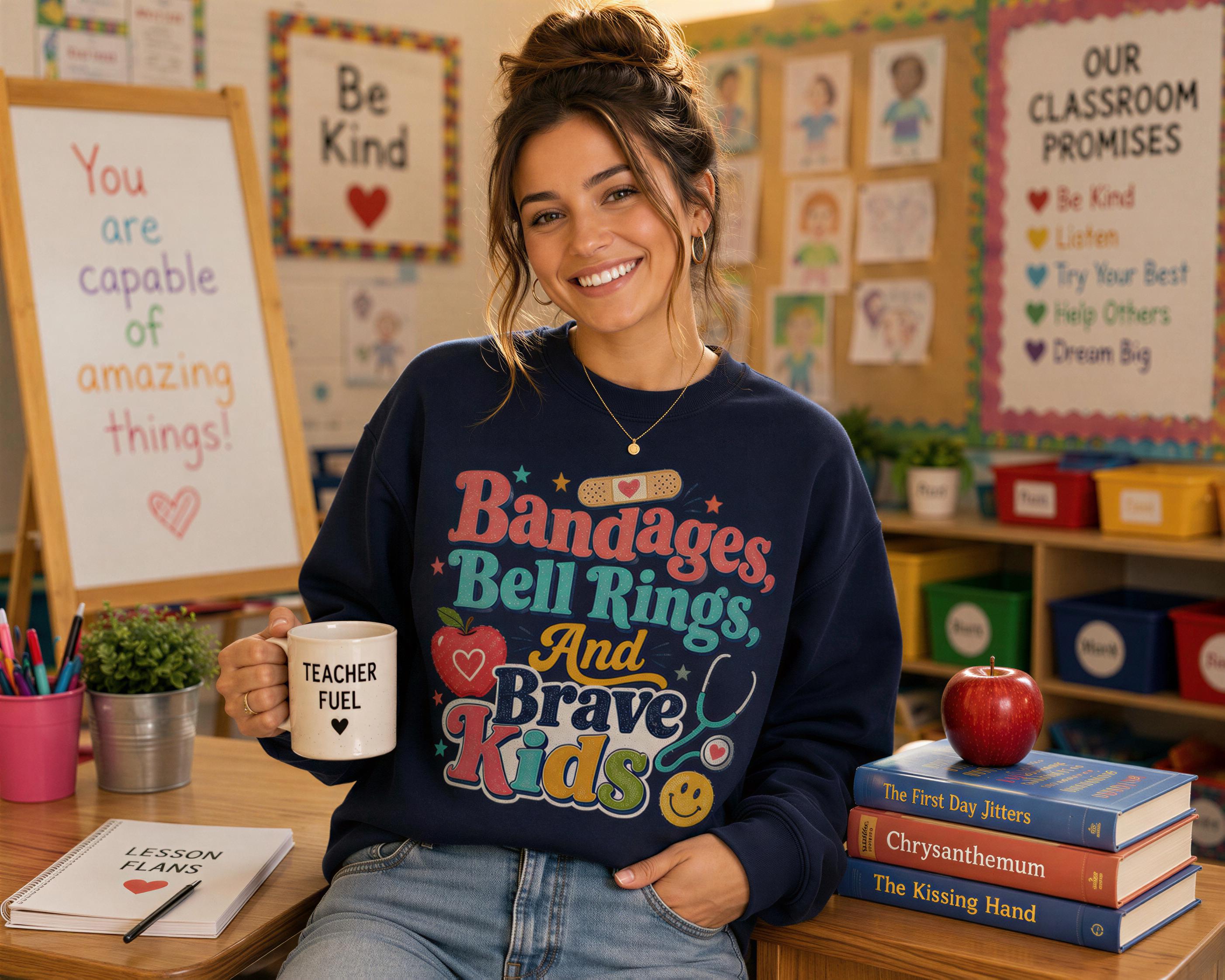 A woman wearing a blue sweatshirt with a colorful design is sitting at a desk in a classroom, holding a coffee mug and smiling.