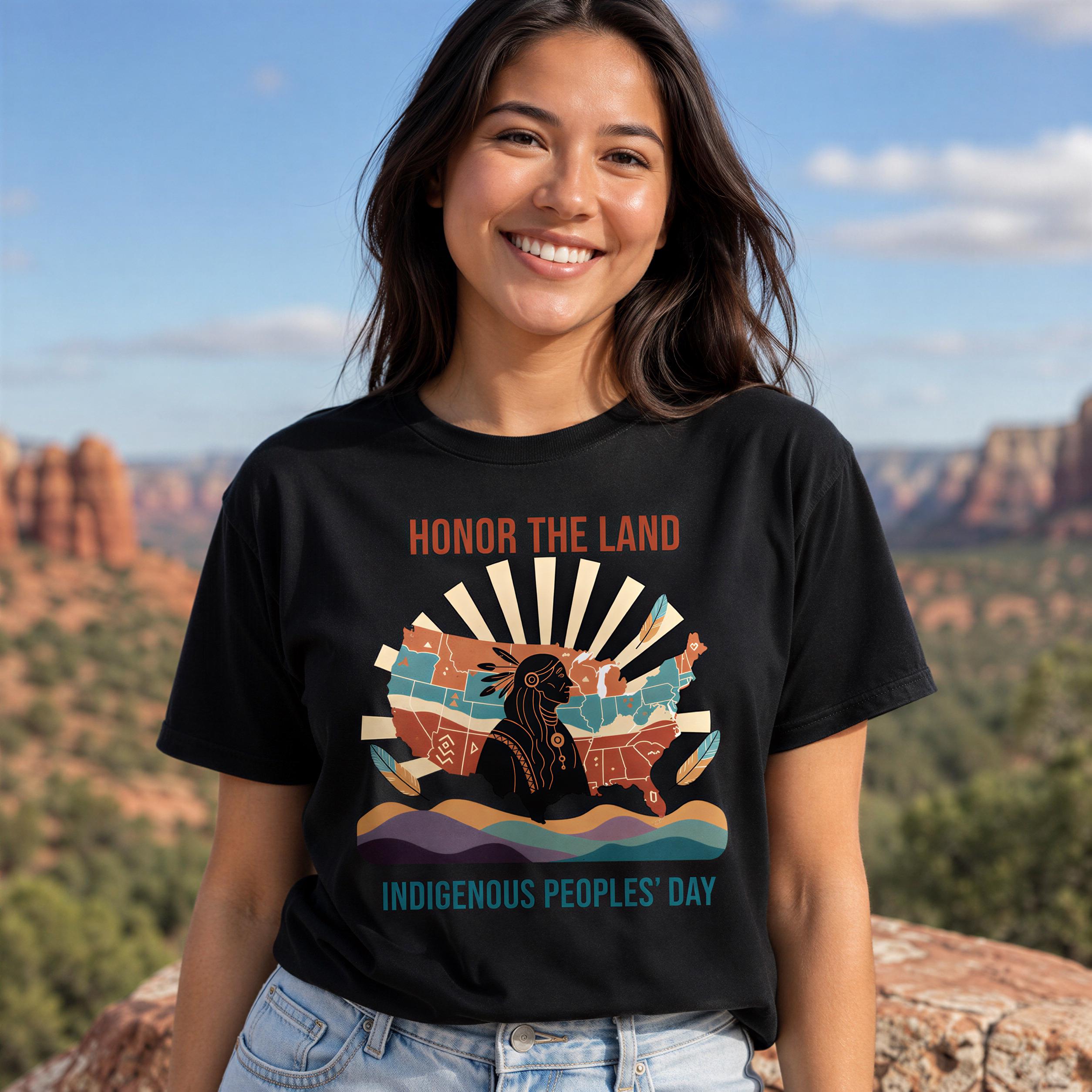 A smiling woman wearing a black t-shirt with a graphic design and text, standing in front of a scenic landscape with mountains in the background.