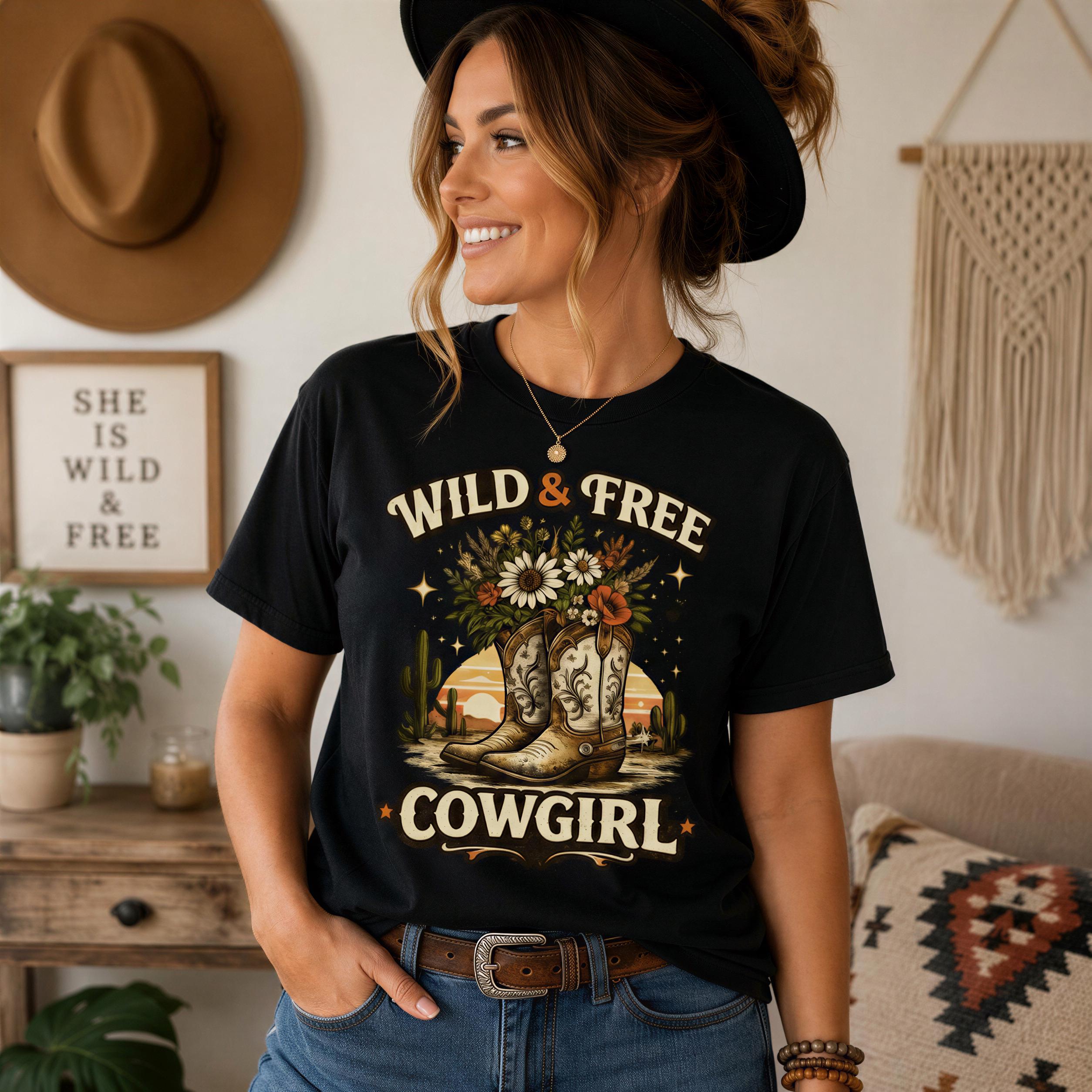 A woman wearing a black t-shirt with a graphic design of cowboy boots and flowers, smiling and posing in a room with a wall hanging and potted plants.