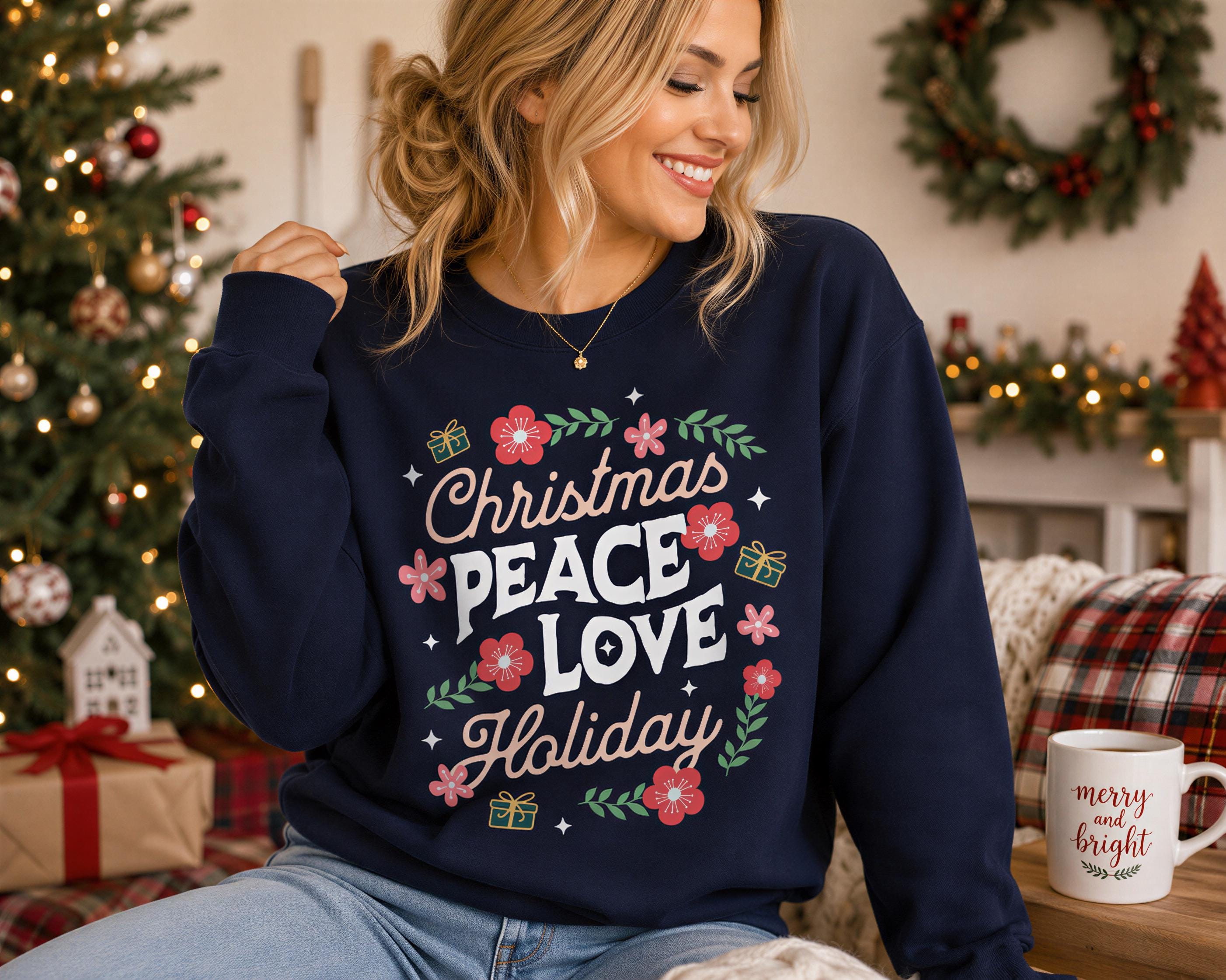 A woman wearing a navy blue sweatshirt with a Christmas-themed design is smiling and posing in front of a Christmas tree.