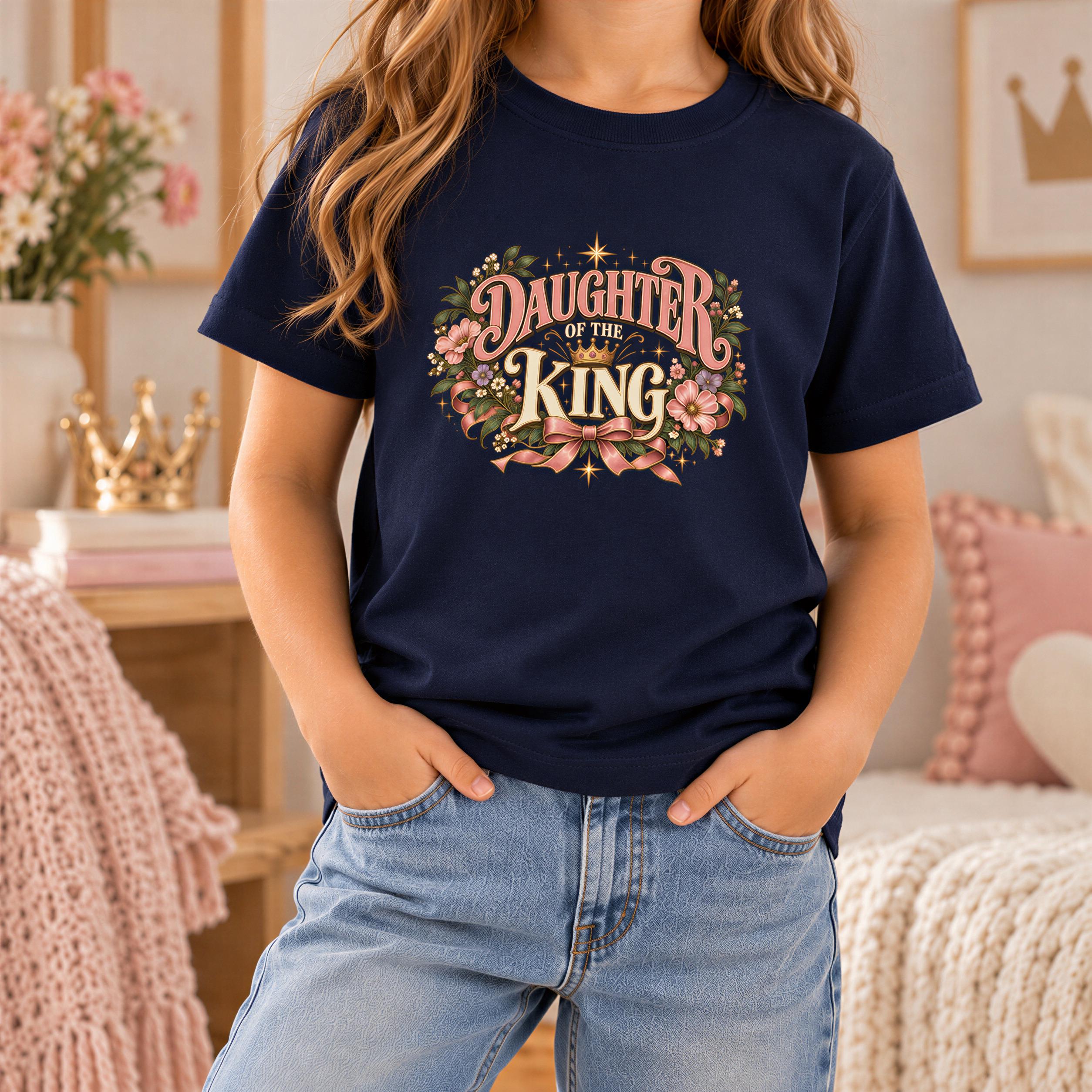 A woman wearing a navy blue t-shirt with a graphic design and text, standing in a room with pink and white decor.