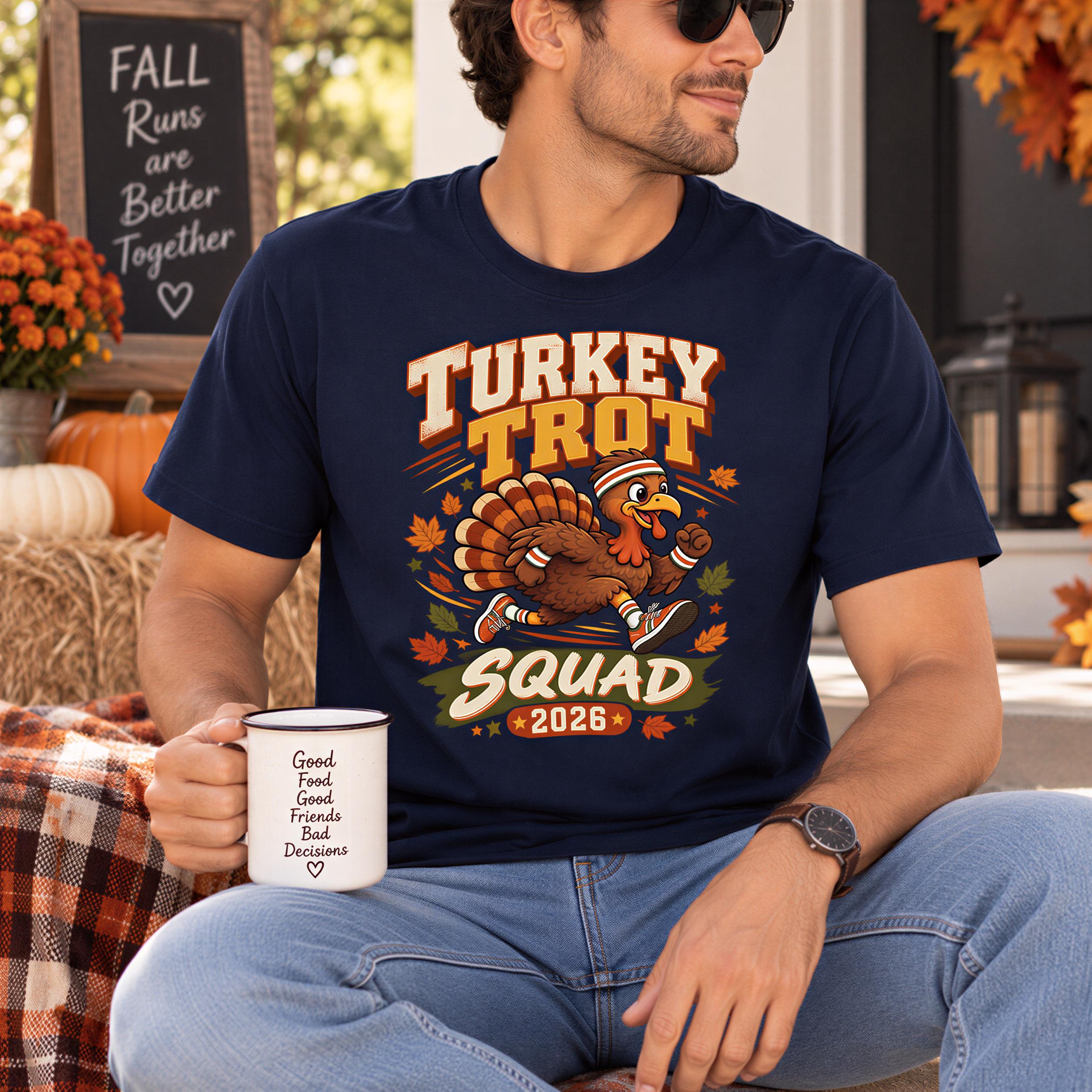 A man wearing a navy blue t-shirt with a turkey graphic and text, sitting on a porch with a mug in his hand.