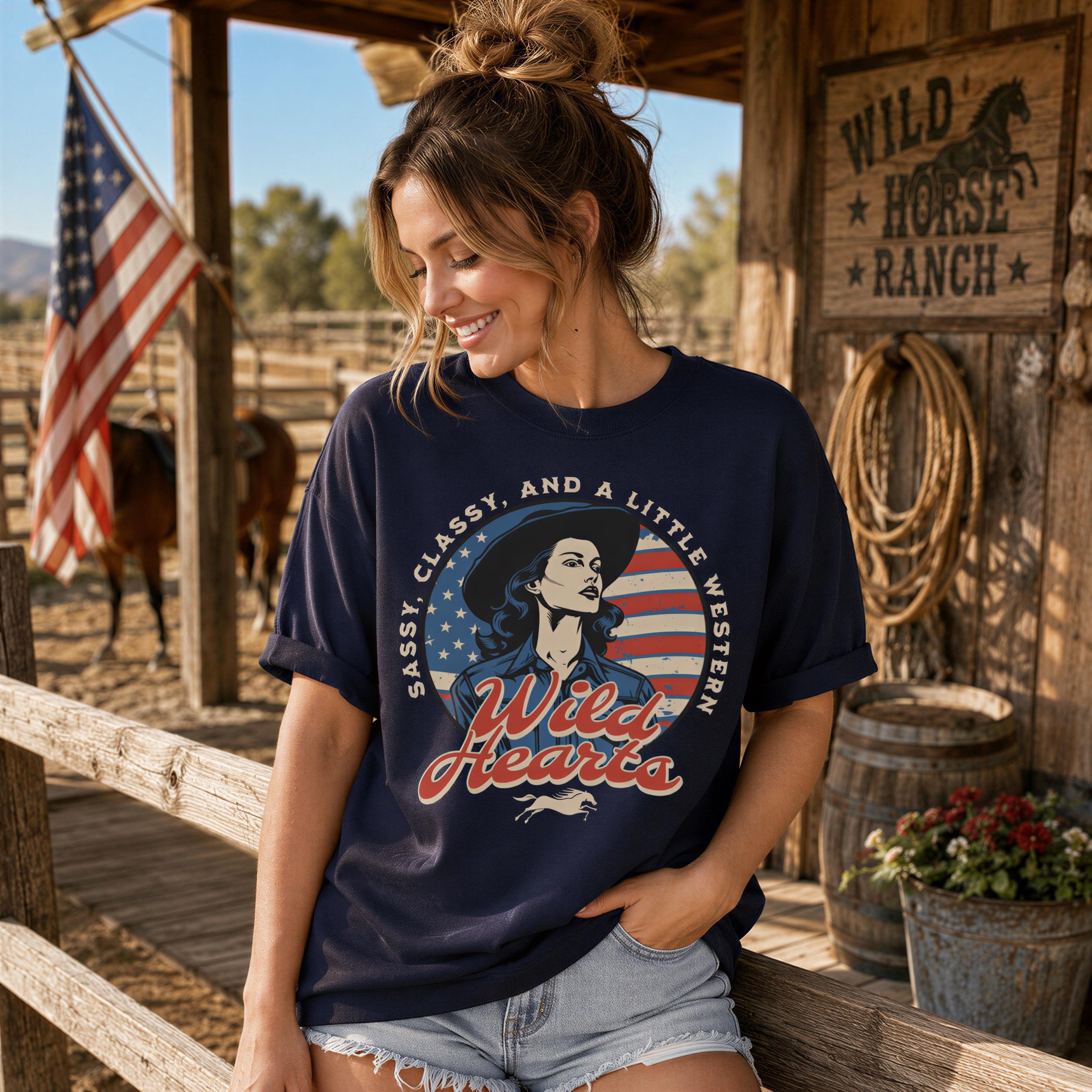 A woman wearing a navy blue t-shirt with a graphic design of a woman's face and the text "Wild Hearts" stands in front of a wooden structure with an American flag and a sign that says "Wild Horse Ranch".