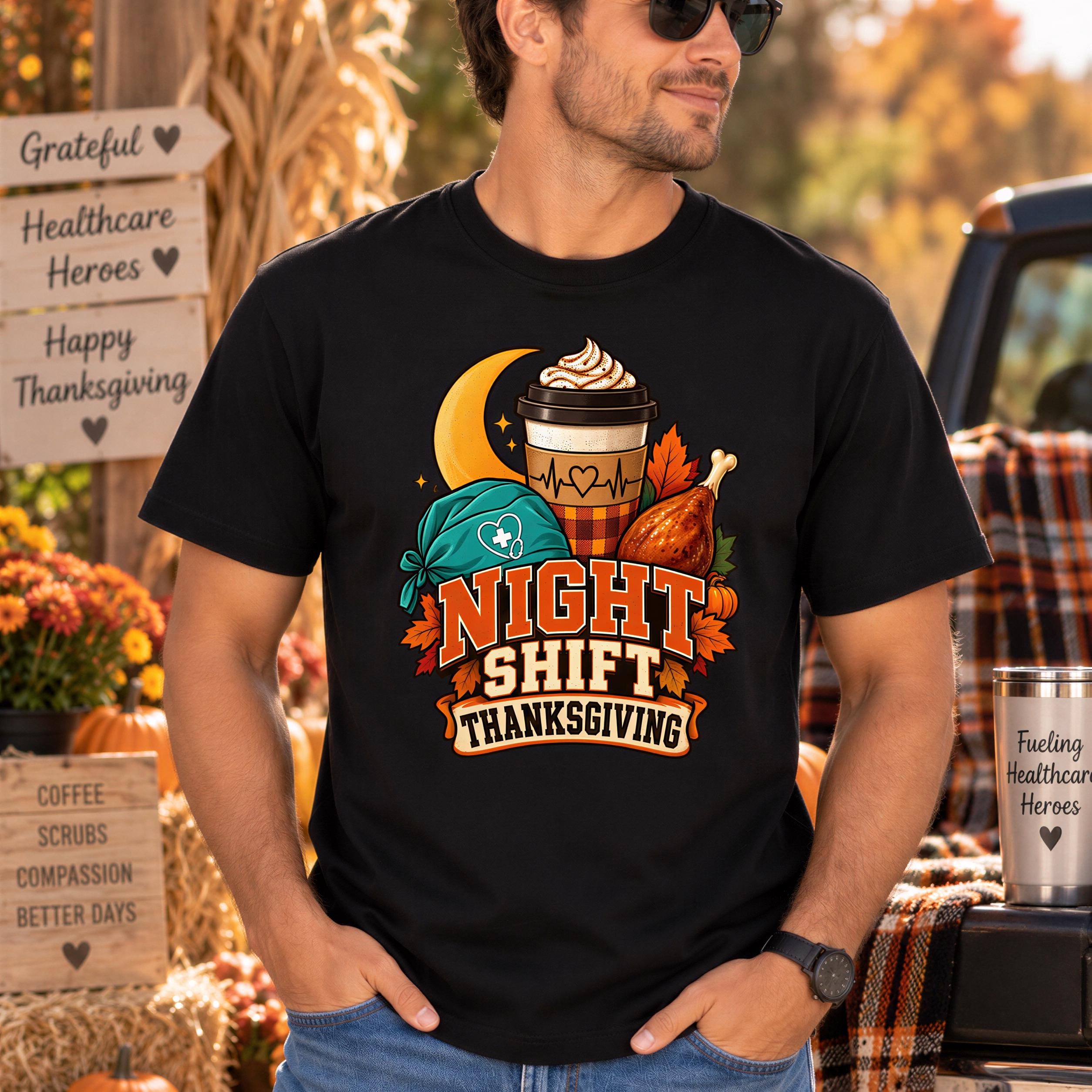 A man wearing a black t-shirt with a graphic design of a coffee cup, turkey, and autumn leaves, along with the text "NIGHT SHIFT THANKSGIVING".